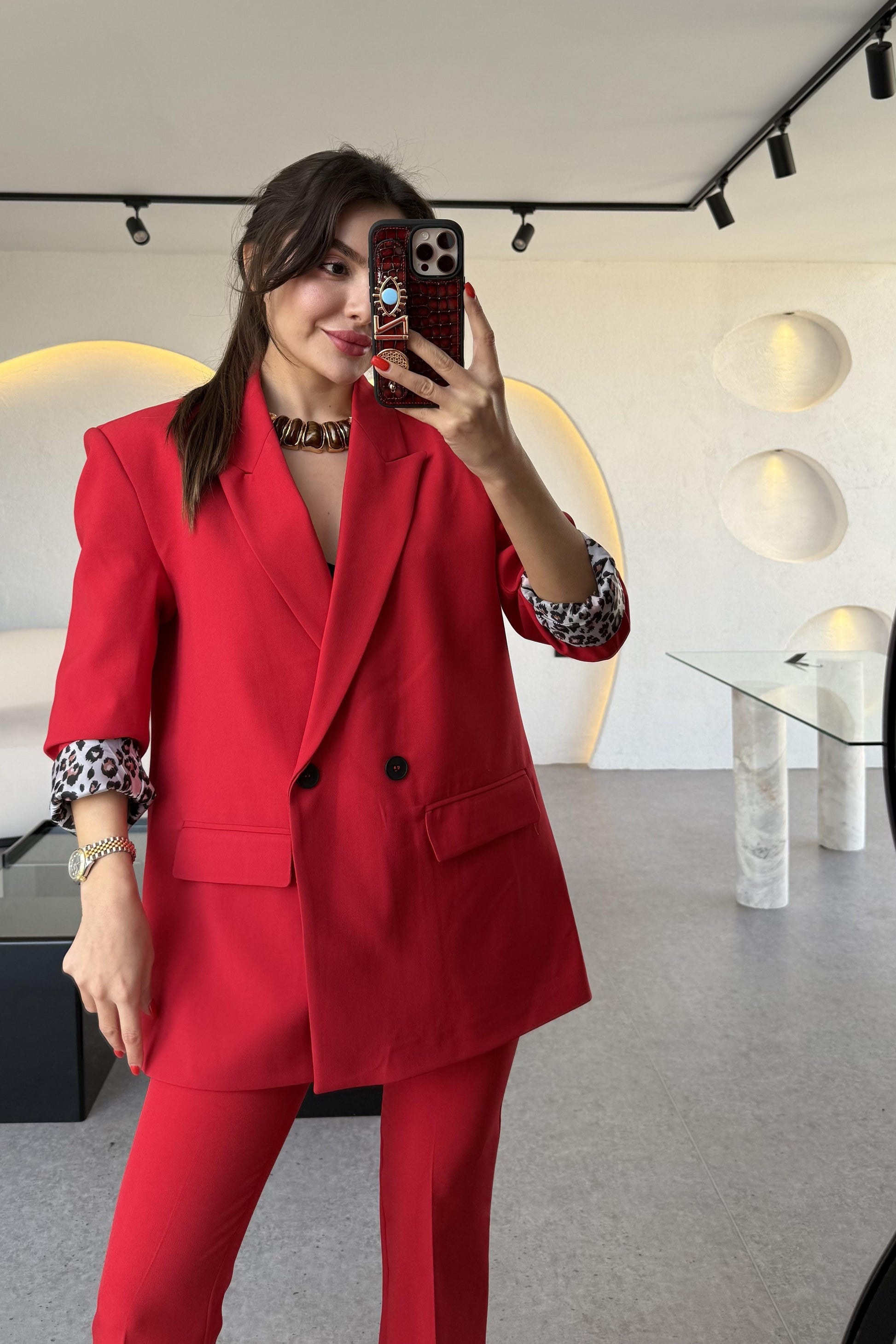 Aspera Kırmızı Leopar Astarlı Blazer