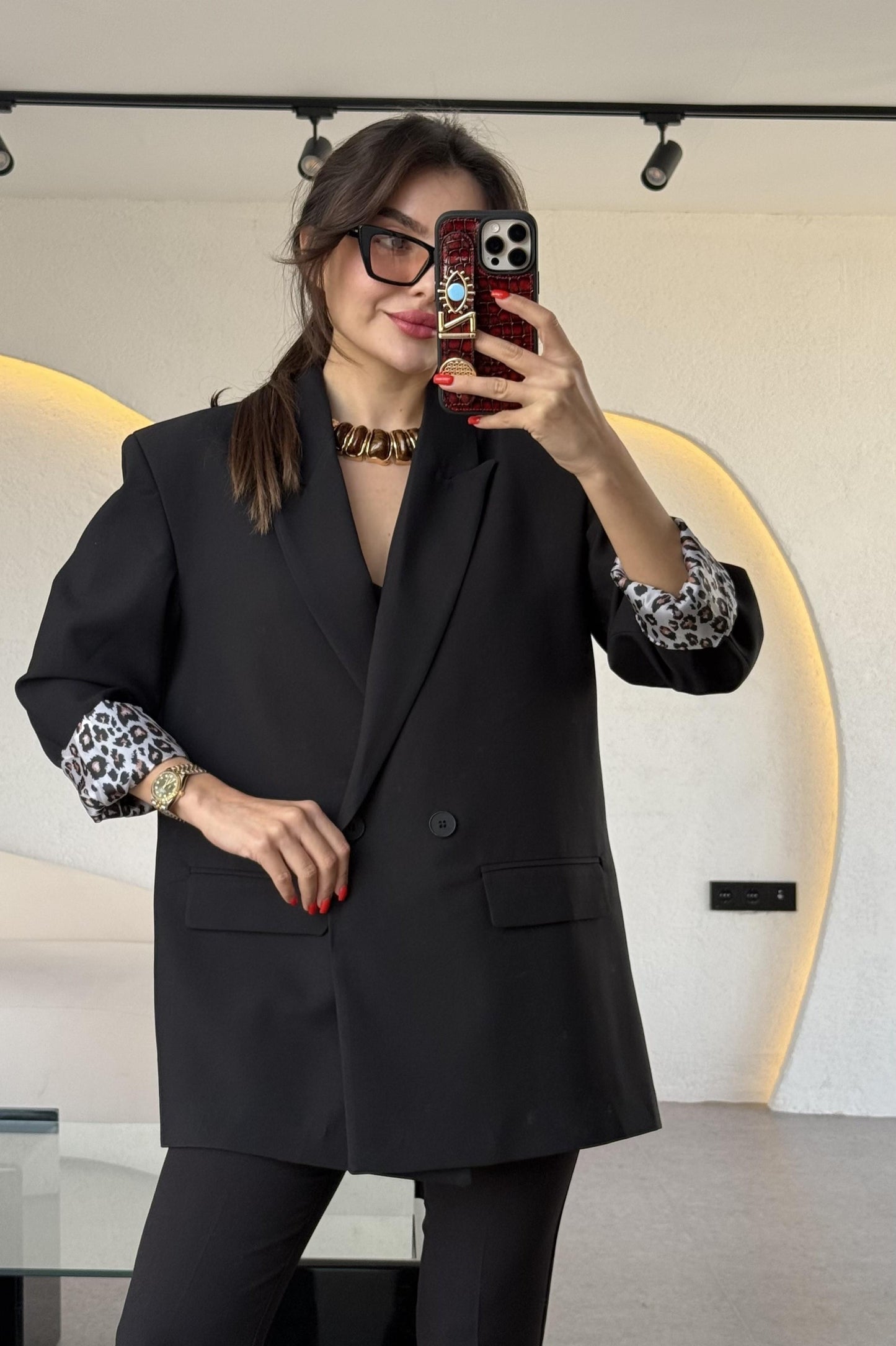 Aspera Siyah Leopar Astarlı Blazer