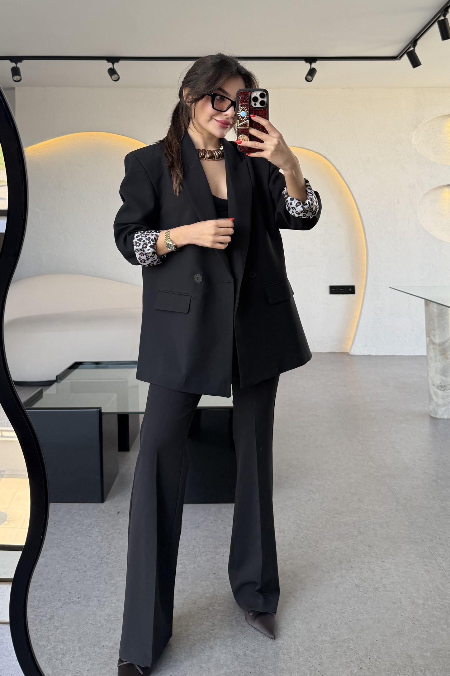 Aspera Siyah Leopar Astarlı Blazer