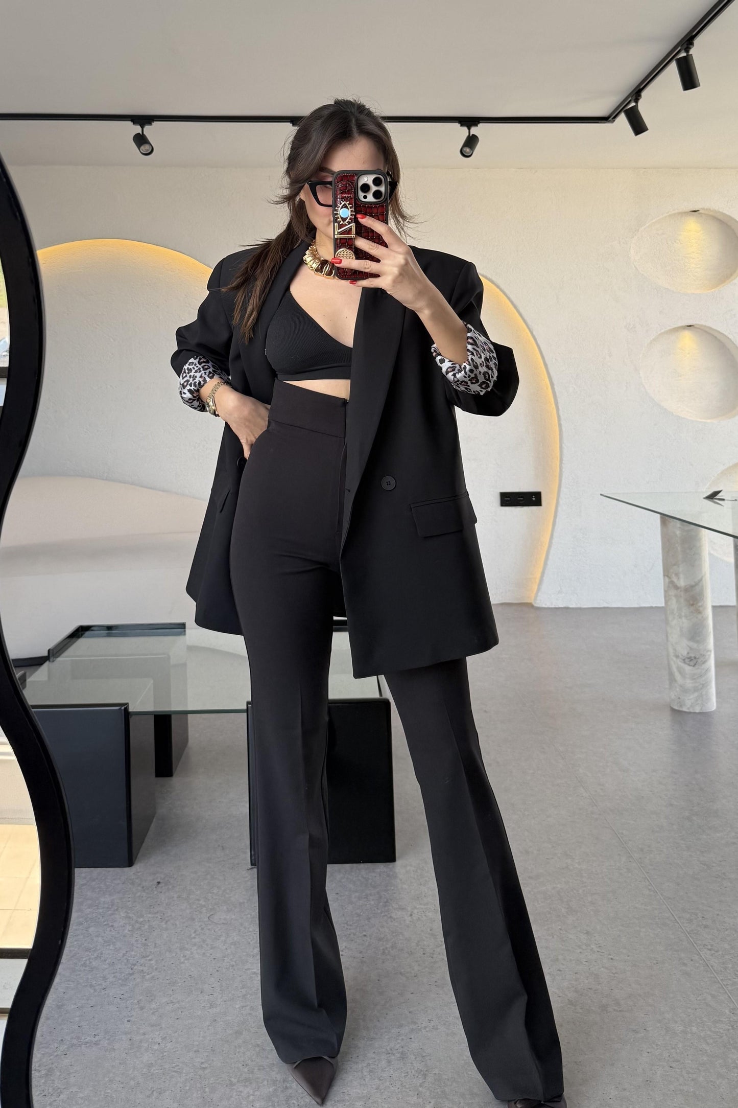 Aspera Siyah Leopar Astarlı Blazer