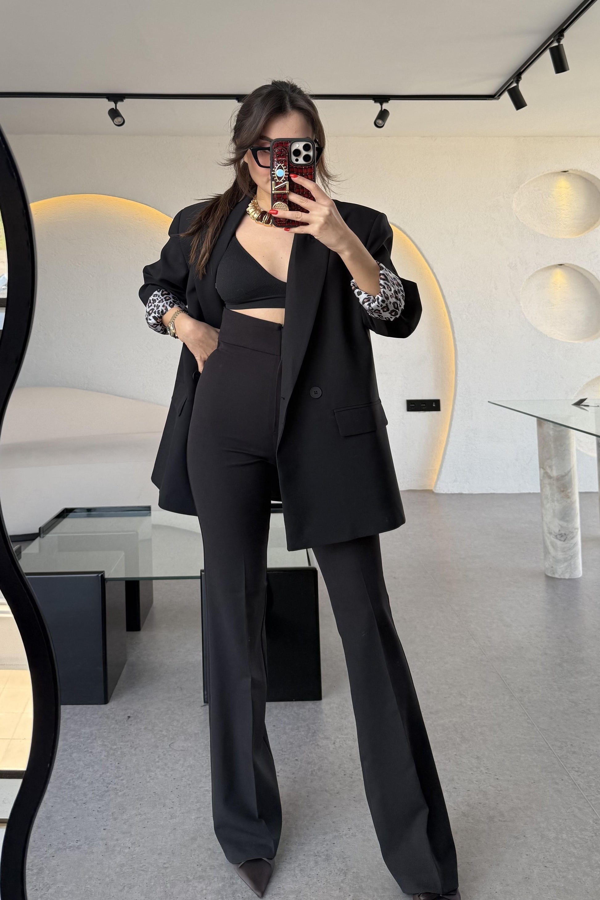 Aspera Siyah Leopar Astarlı Blazer