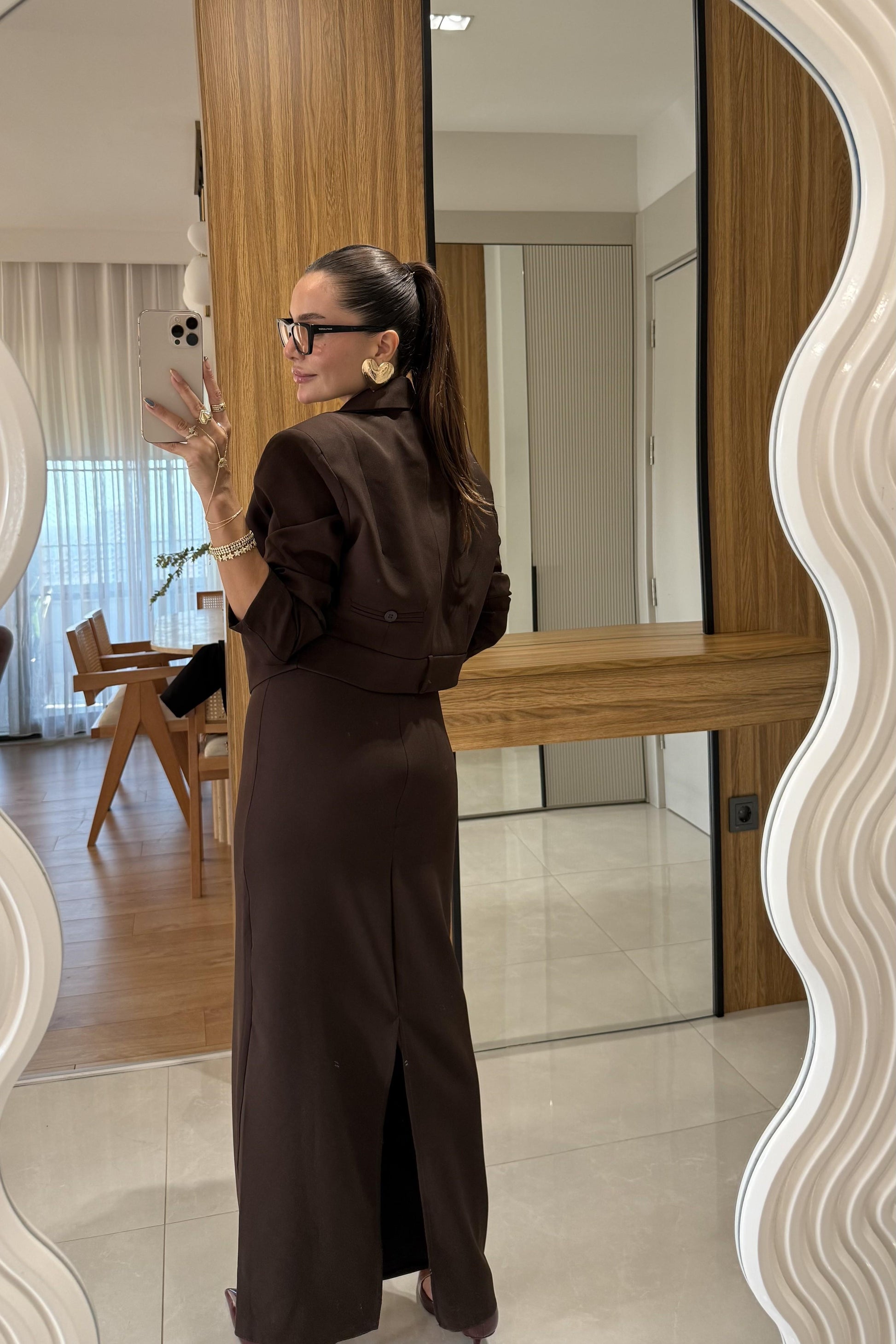 Aurella Kahve Blazer-Elbise Premium Takım