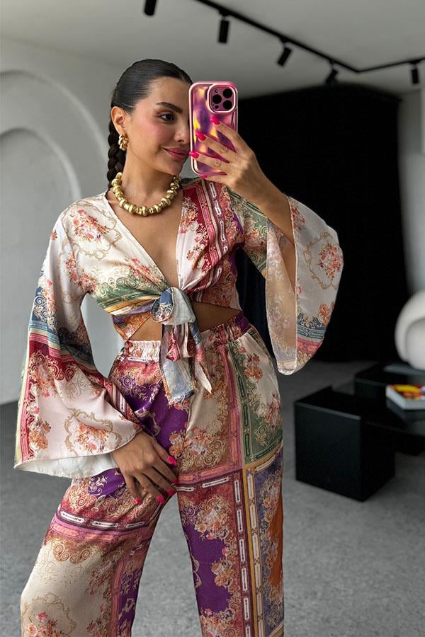 Avena Etnik Desen Saten Crop Pantolon Takım