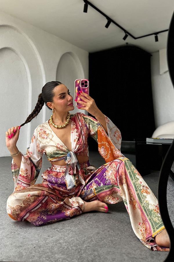 Avena Etnik Desen Saten Crop Pantolon Takım