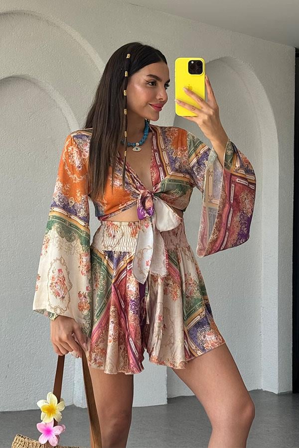 Avena Etnik Desen Saten Etek Crop Takım