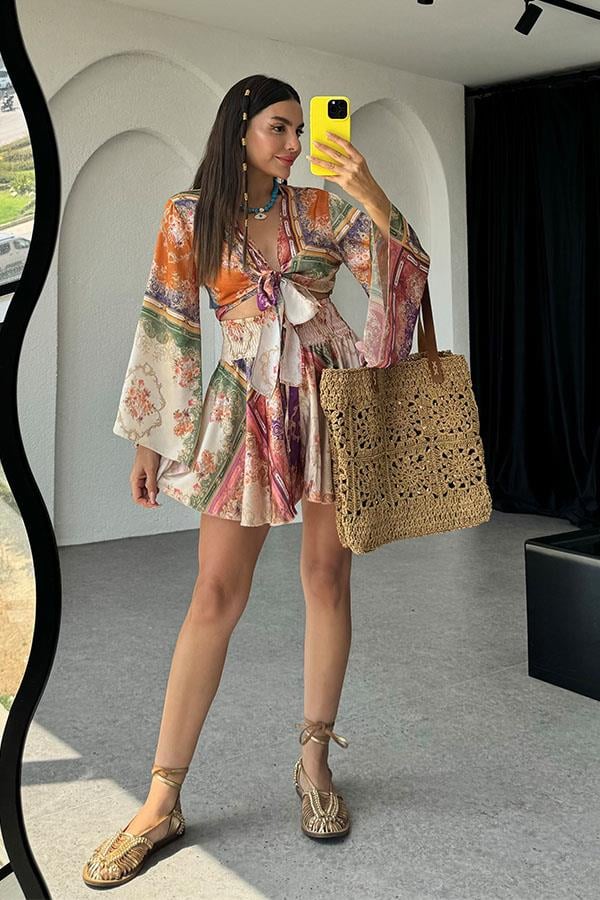 Avena Etnik Desen Saten Etek Crop Takım