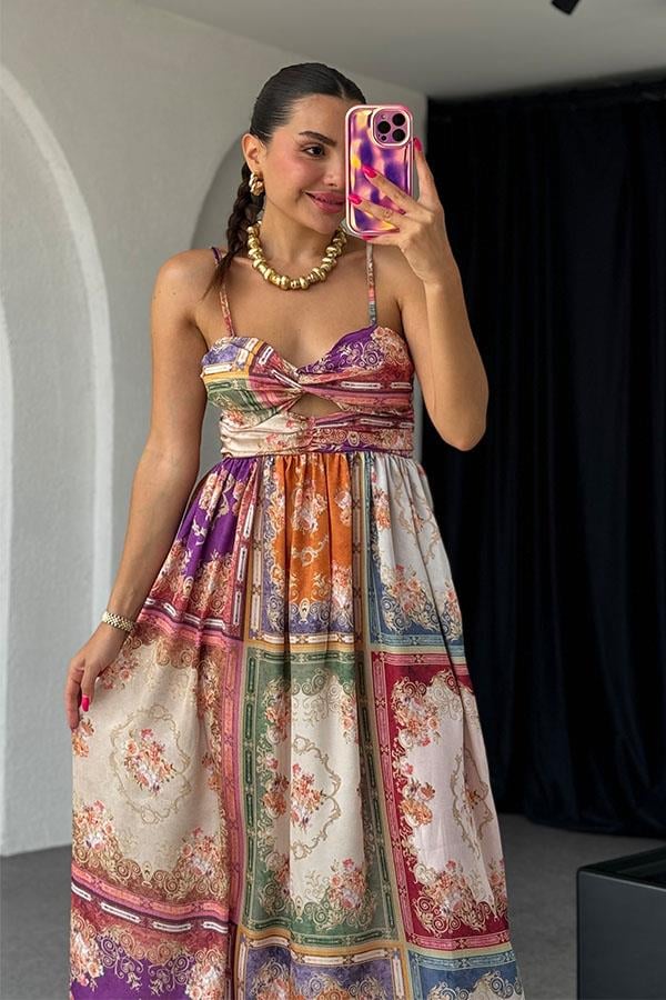 Avena Etnik Desen Saten Maxi Elbise