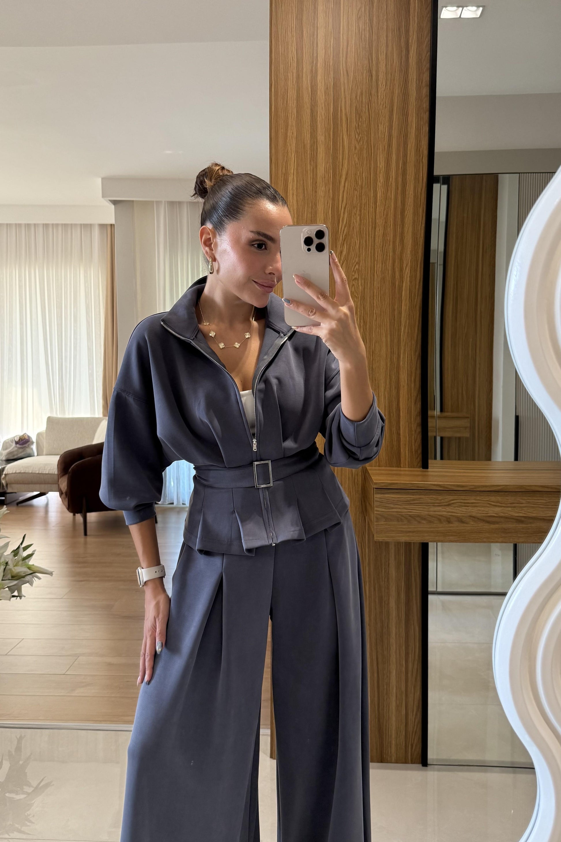 Avery Antrasit Kemer Detaylı Geniş Paça Modal Takım