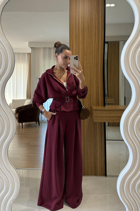 Avery Bordo Kemer Detaylı Geniş Paça Modal Takım