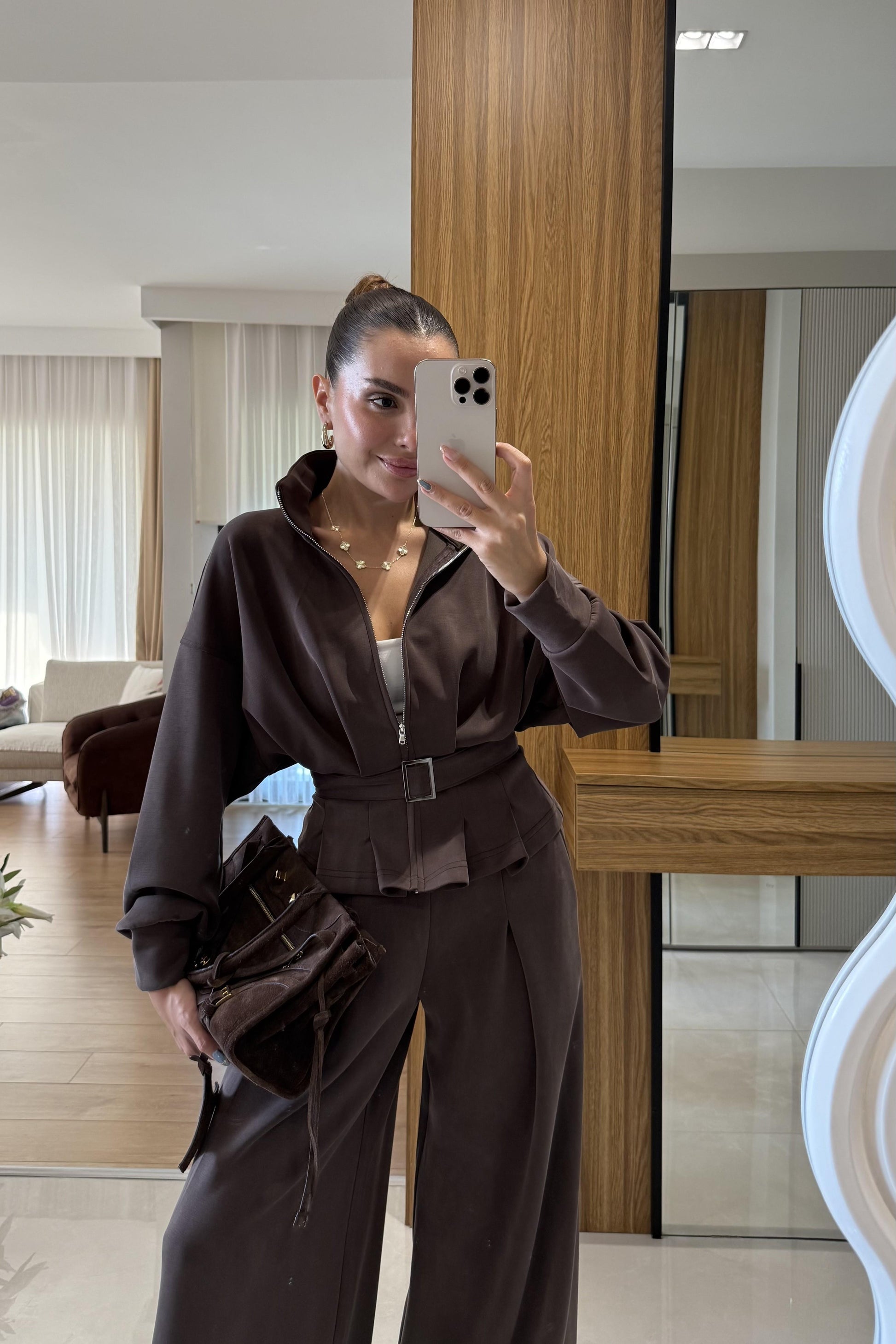 Avery Kahve Kemer Detaylı Geniş Paça Modal Takım