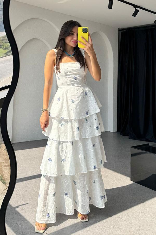 Aviva Fırfırlı Mavi Nakışlı Fisto Elbise