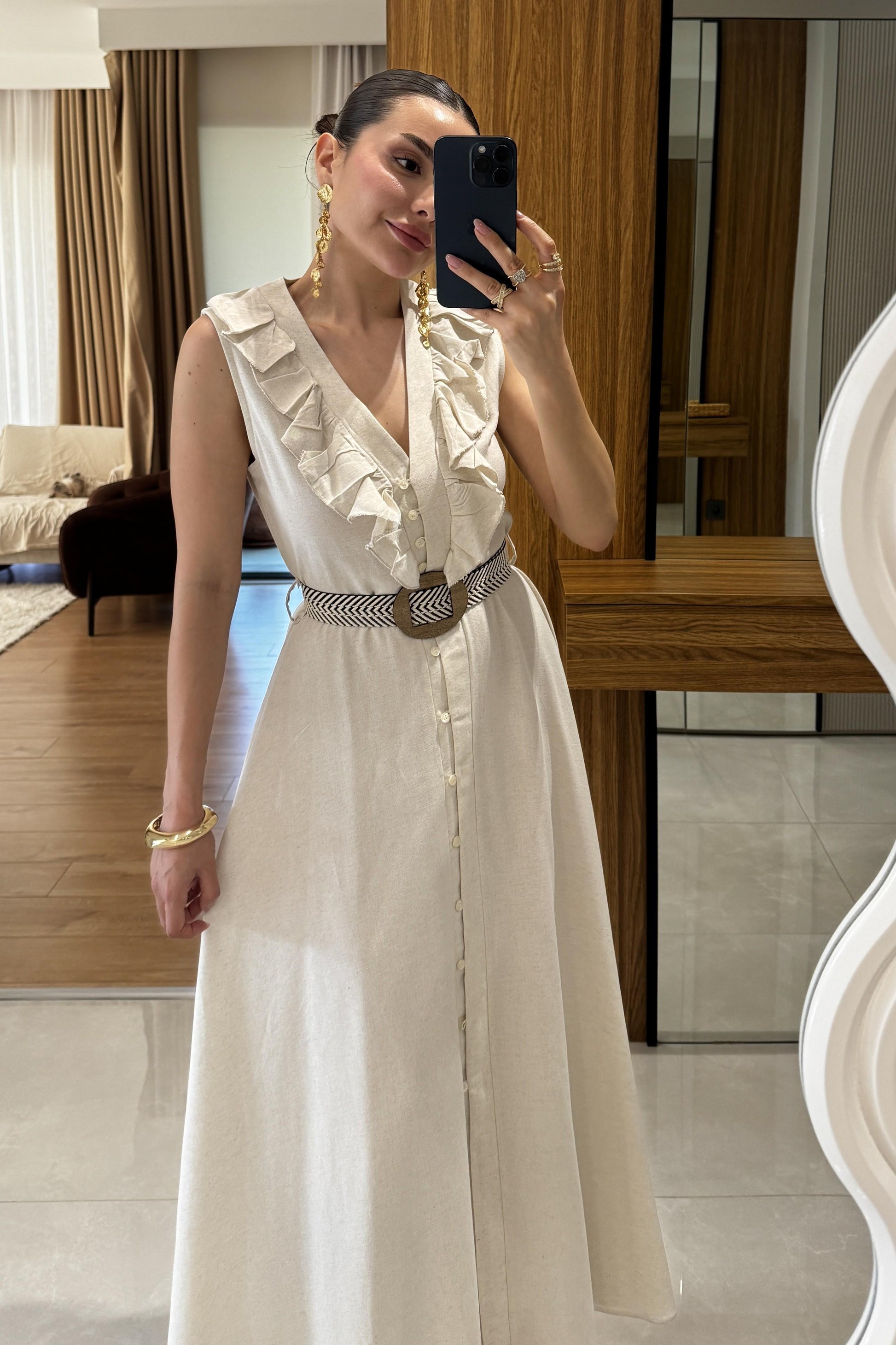 Aymera Kemerli Maxi Keten Elbise