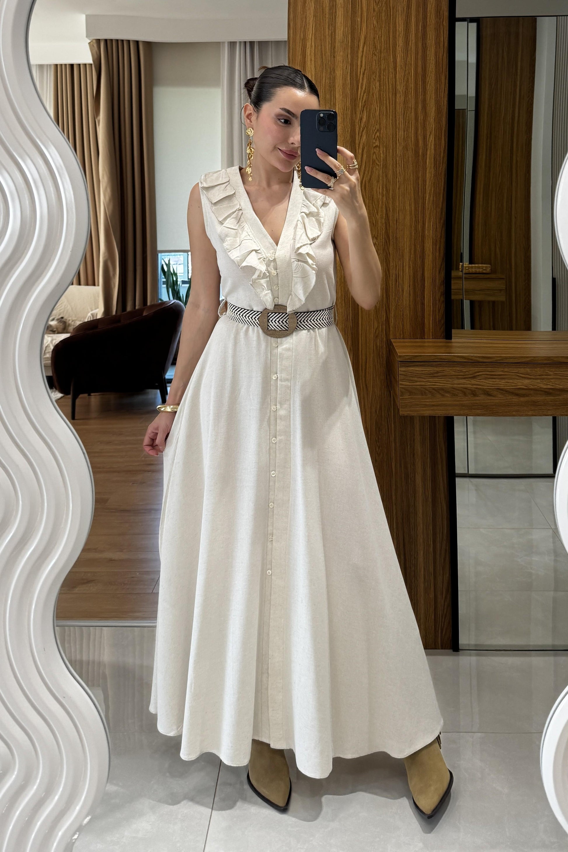 Aymera Kemerli Maxi Keten Elbise