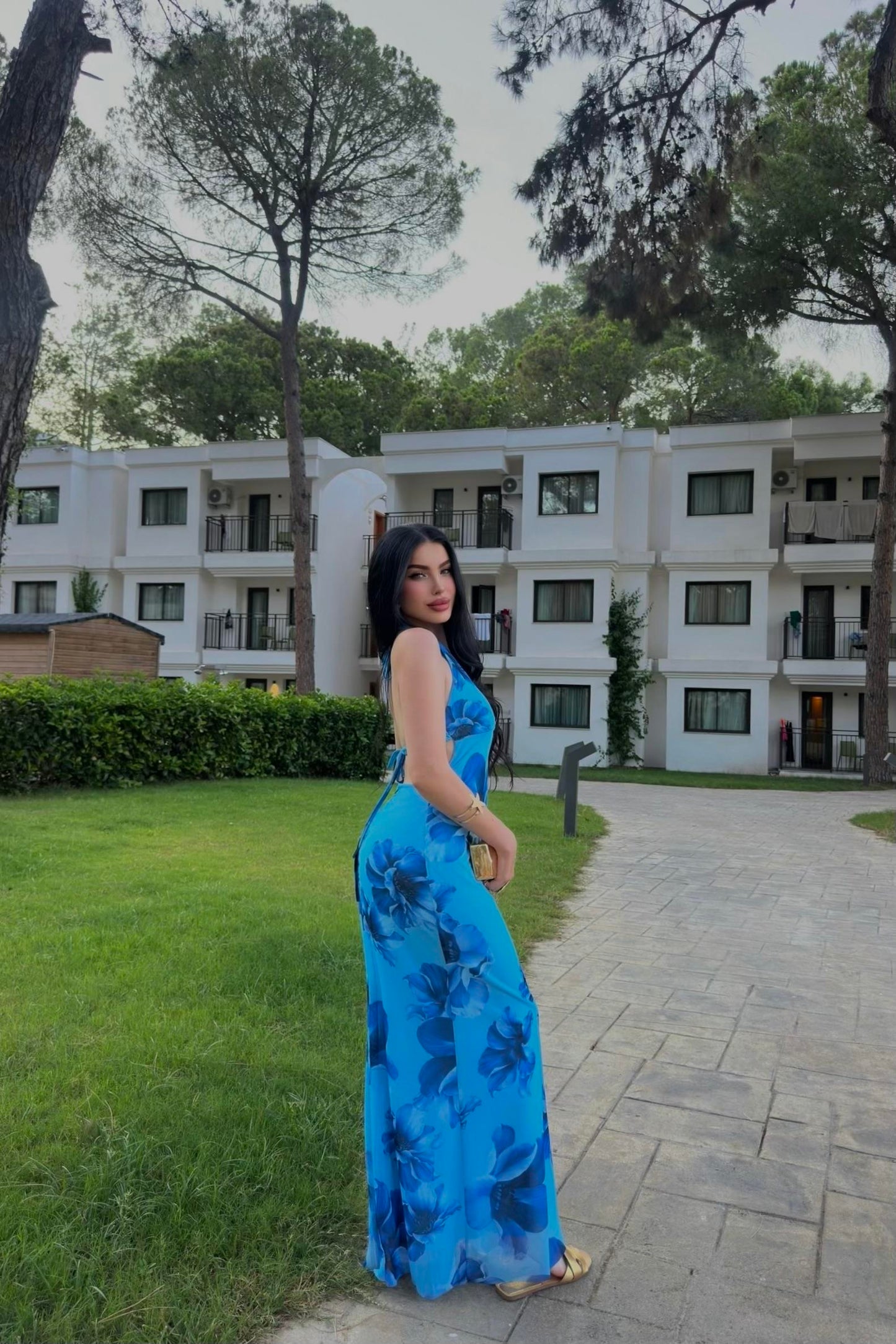 Bahama Mavi Güllü Sırt Dekolteli Elbise