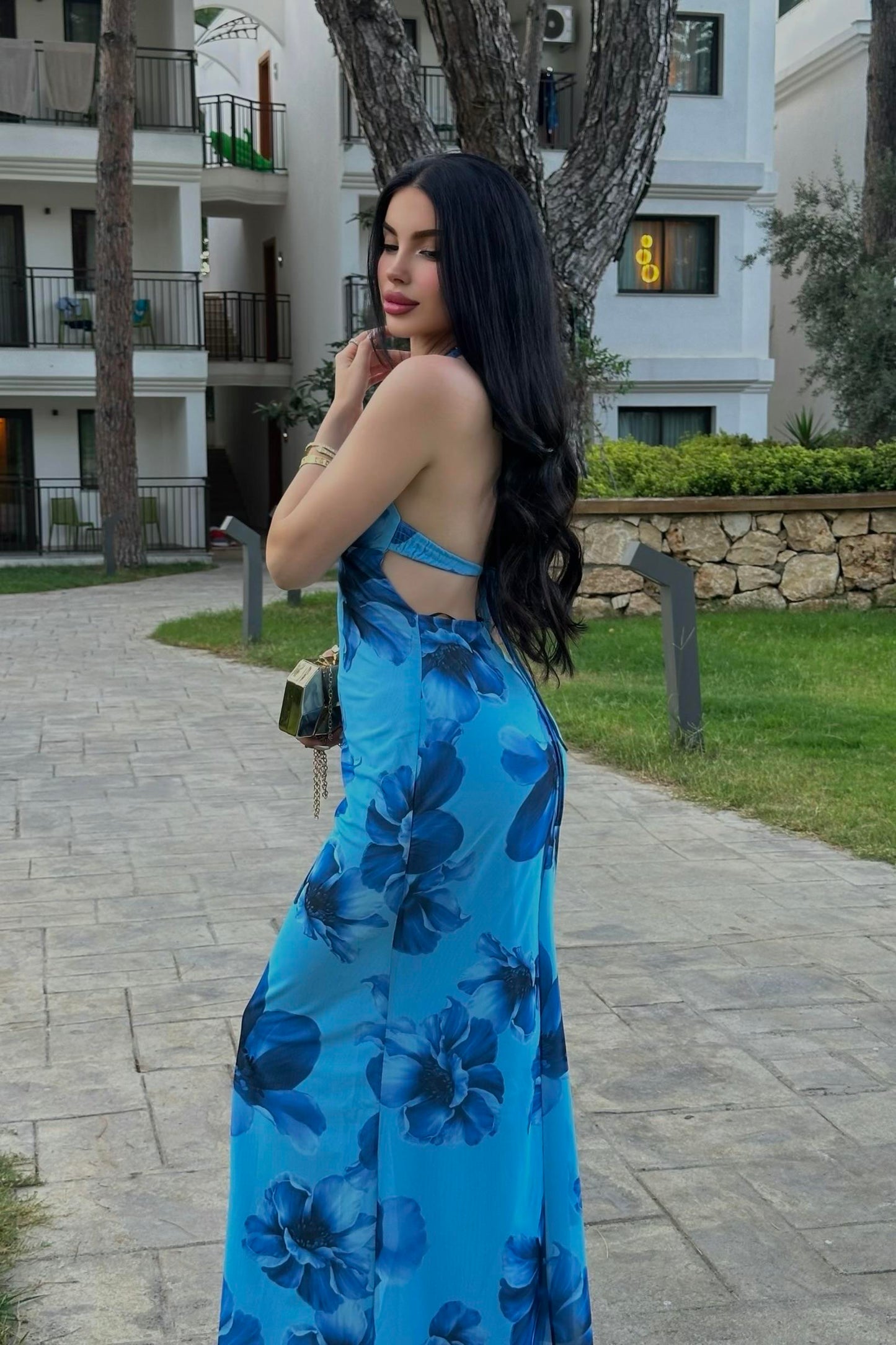 Bahama Mavi Güllü Sırt Dekolteli Elbise