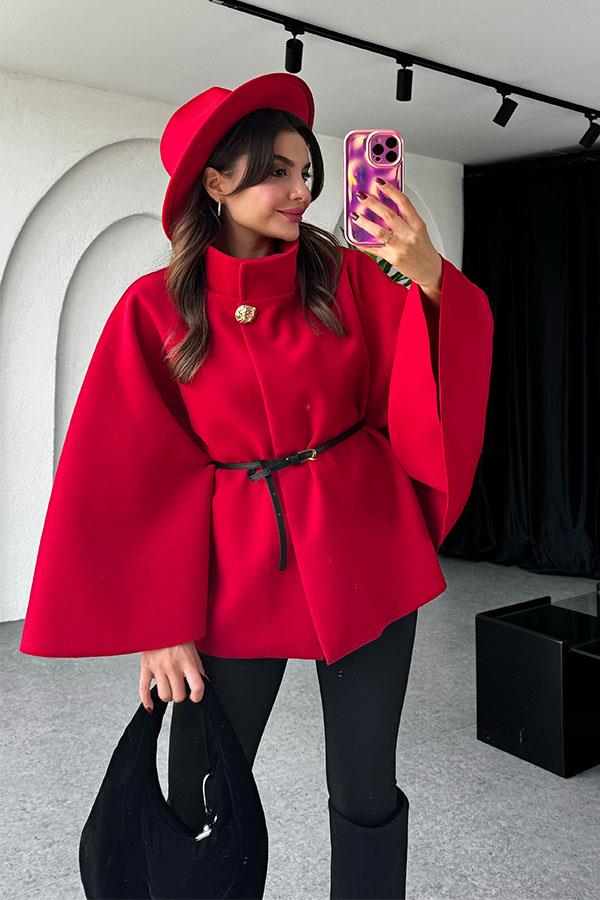 Becca Kemerli Kırmızı Panço