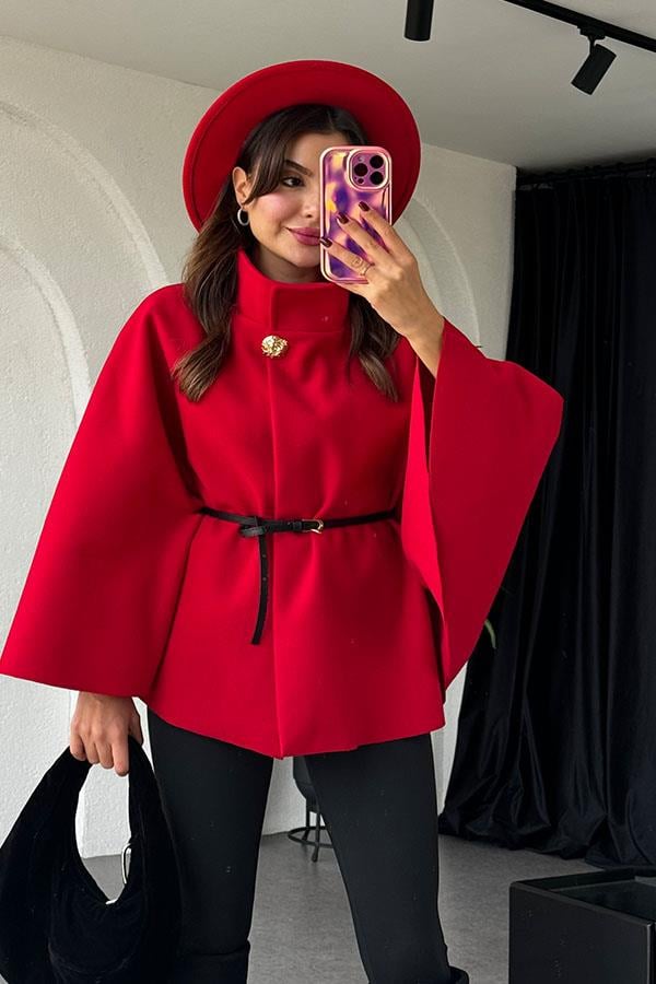 Becca Kemerli Kırmızı Panço