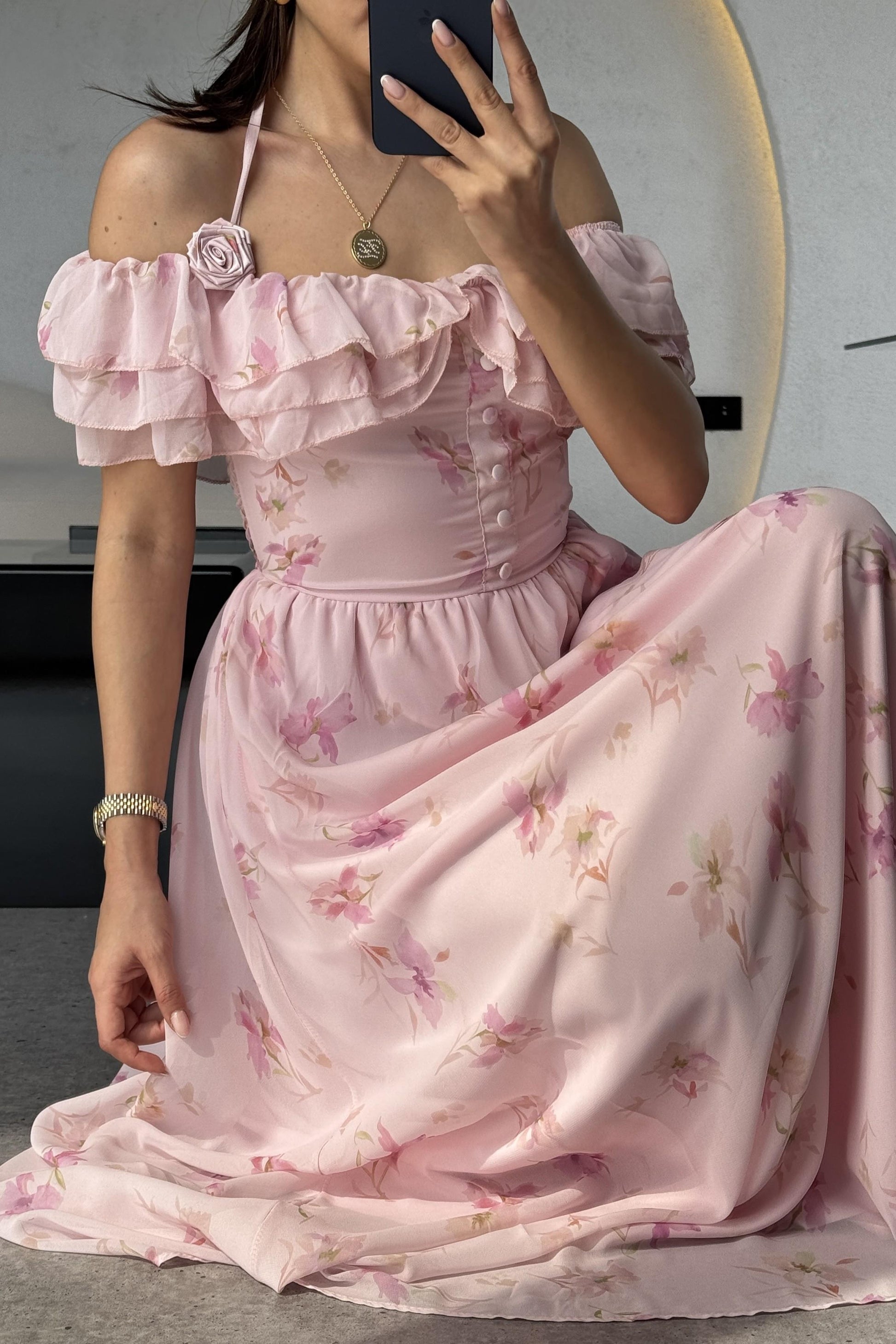 Begonia Çiçek Detaylı Şifon Elbise