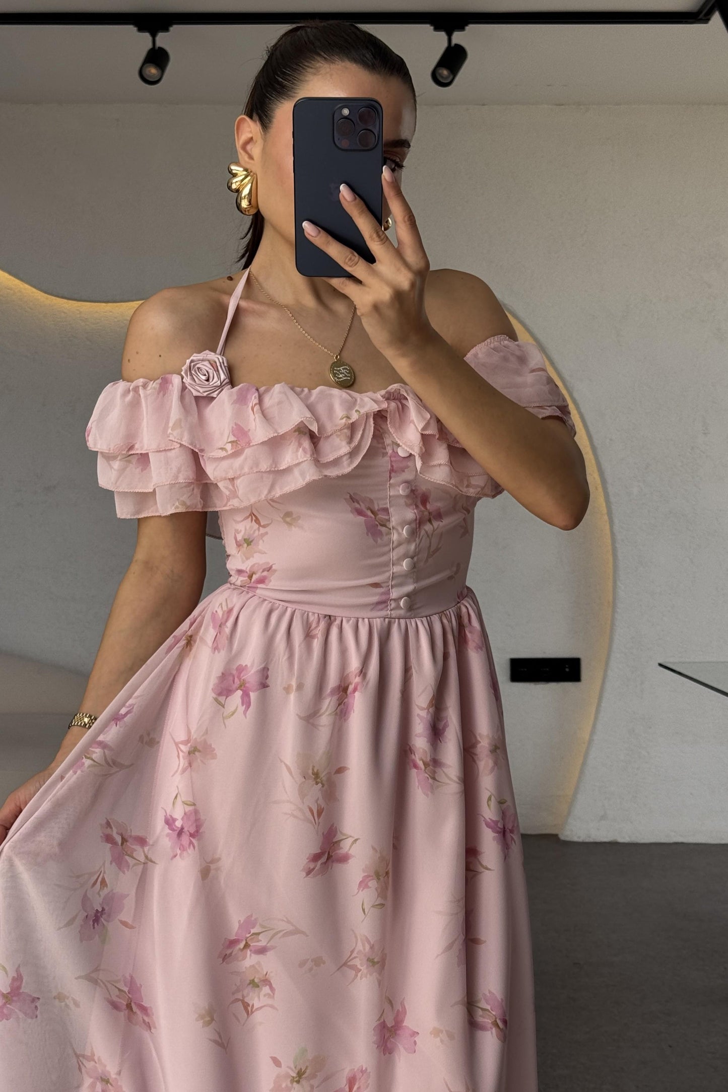 Begonia Çiçek Detaylı Şifon Elbise