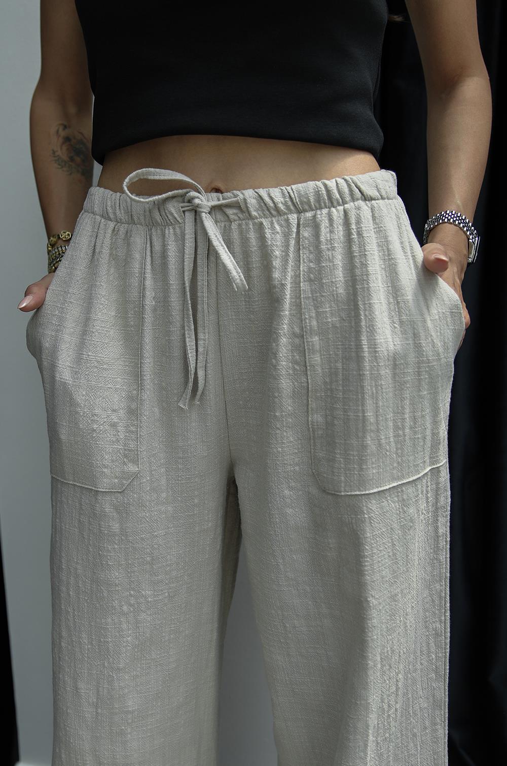 BEJ GENIŞ CEPLI KETEN PANTOLON