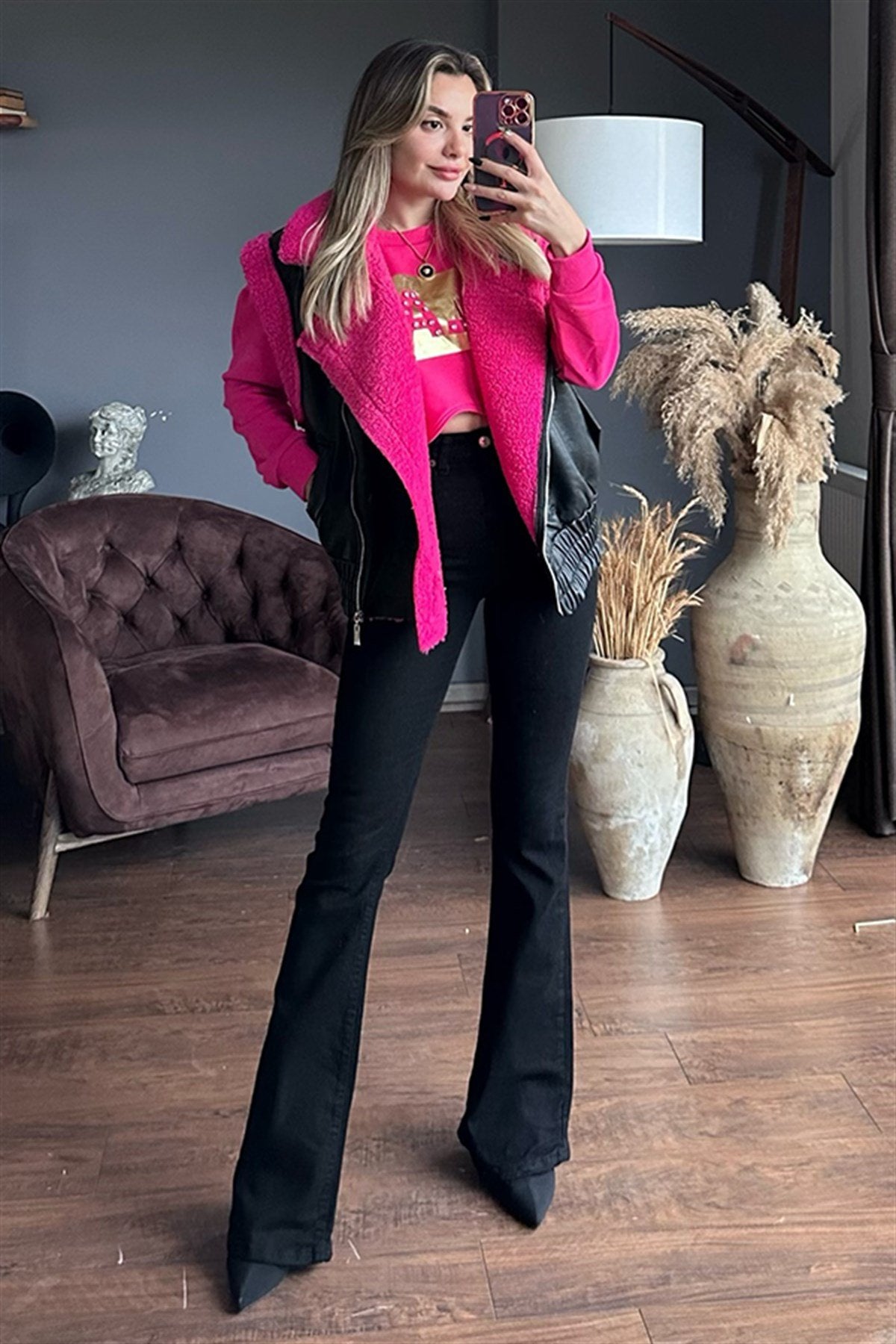 Bel gipeli kürk detaylı deri yelek - Fuşya