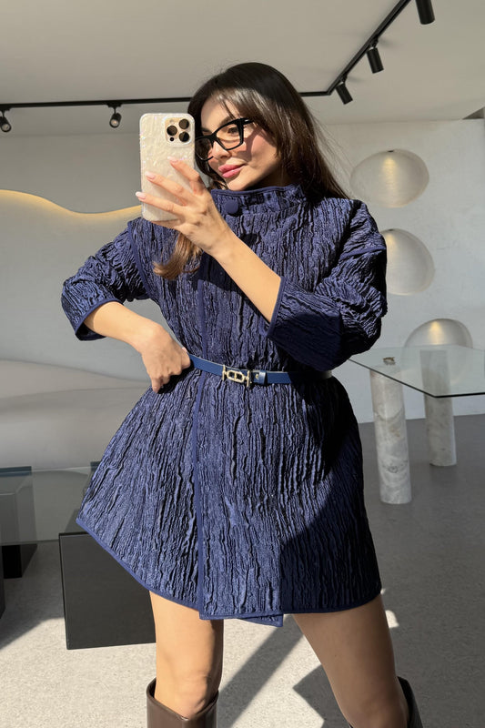 Belina Lacivert Dik Yaka Jakarlı Kemerli Ceket