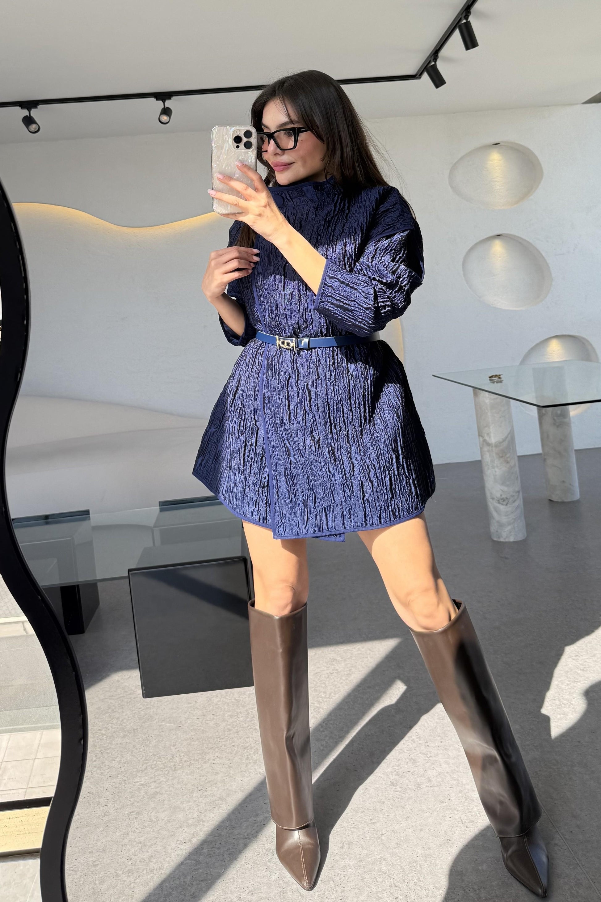 Belina Lacivert Dik Yaka Jakarlı Kemerli Ceket