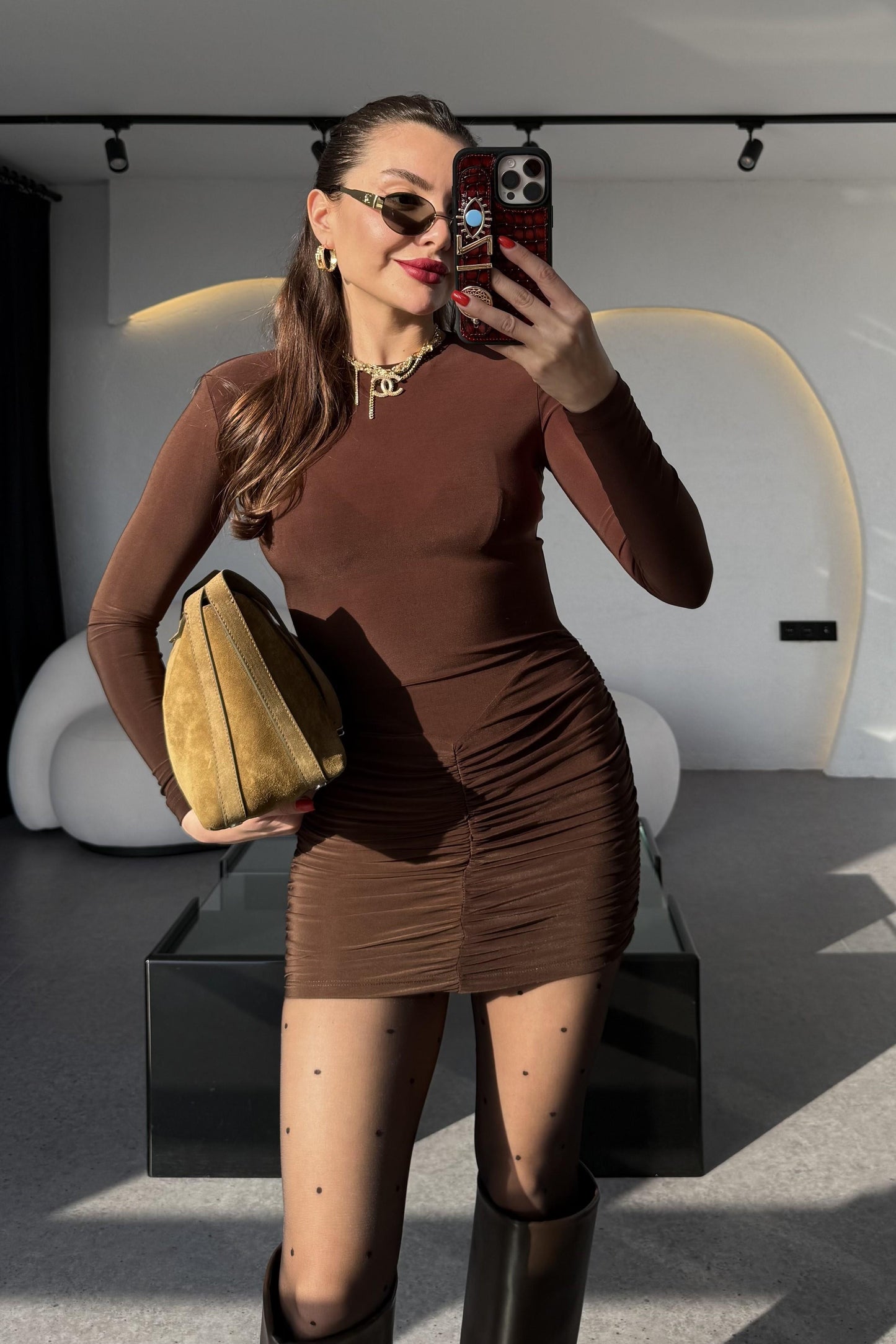 Belinda Kahve Drapeli Mini Elbise