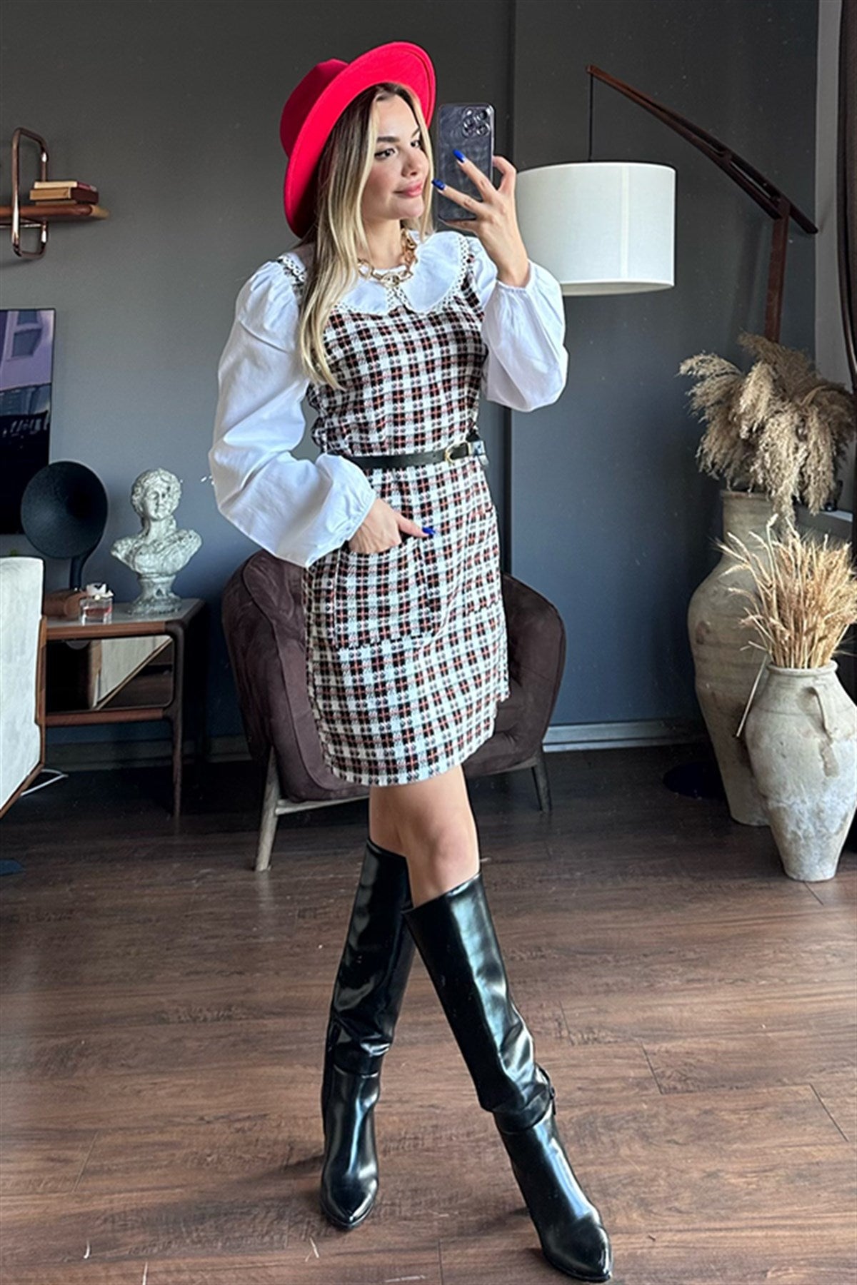 Bella ekose detaylı bordo tüvit elbise