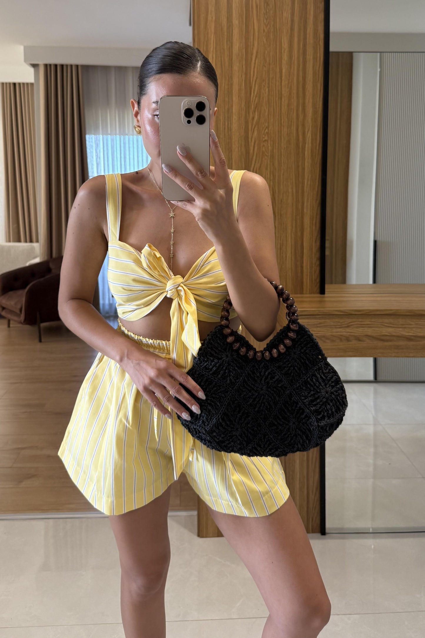 Bellacia Sarı Çizgili Crop Şort Takım