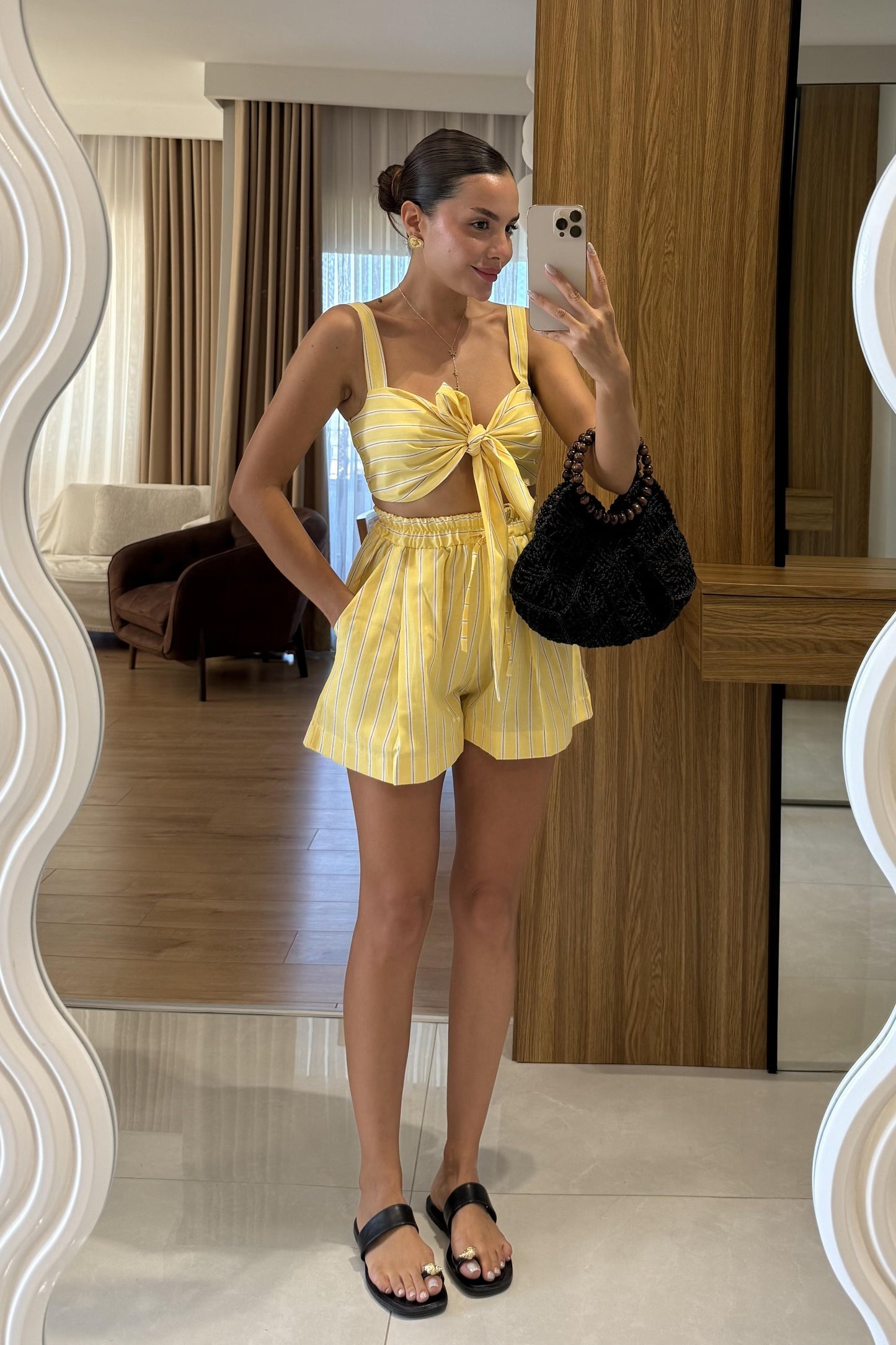 Bellacia Sarı Çizgili Crop Şort Takım