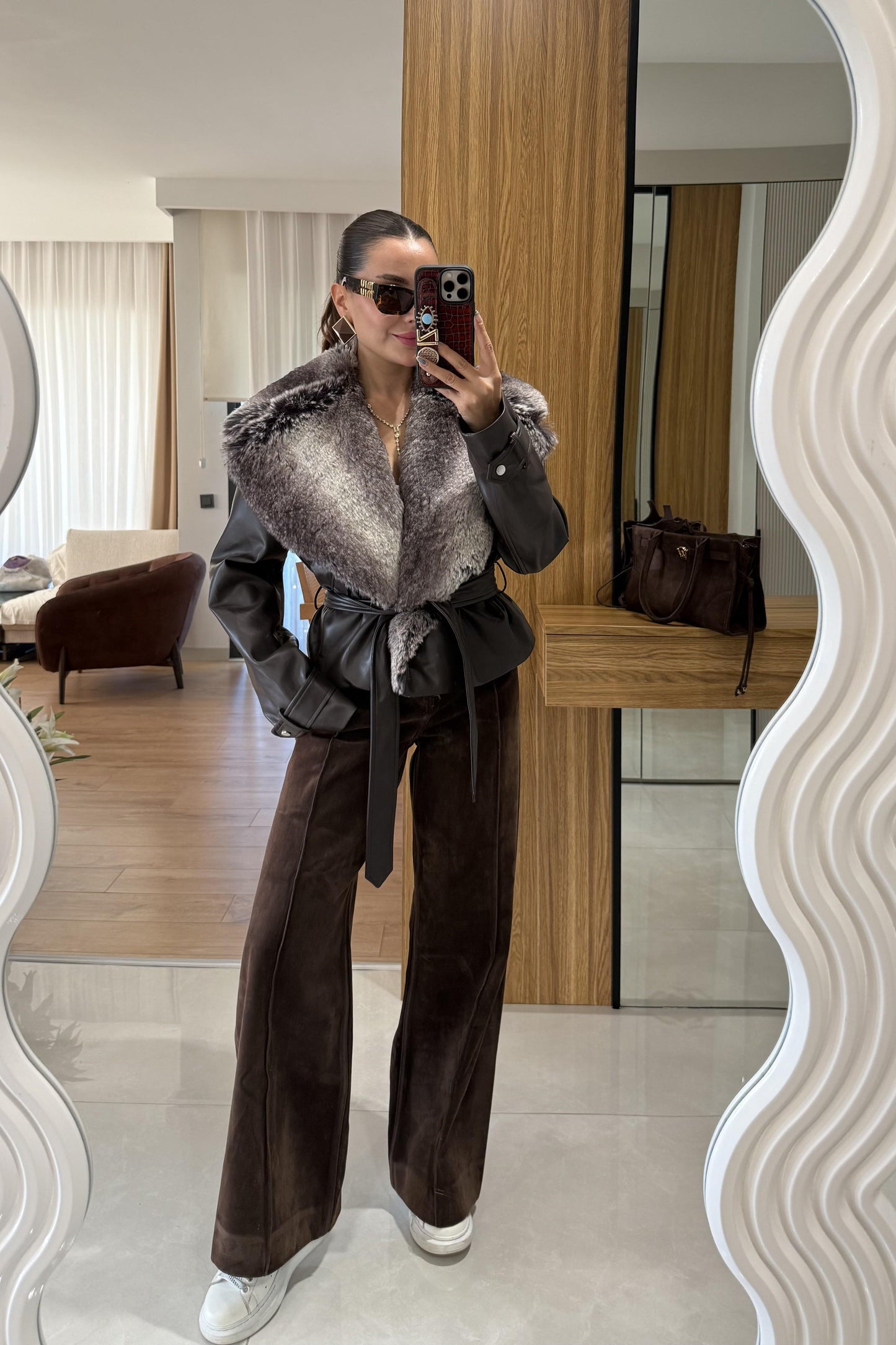 Belland Acı Kahve Premium Kürklü Deri Mont