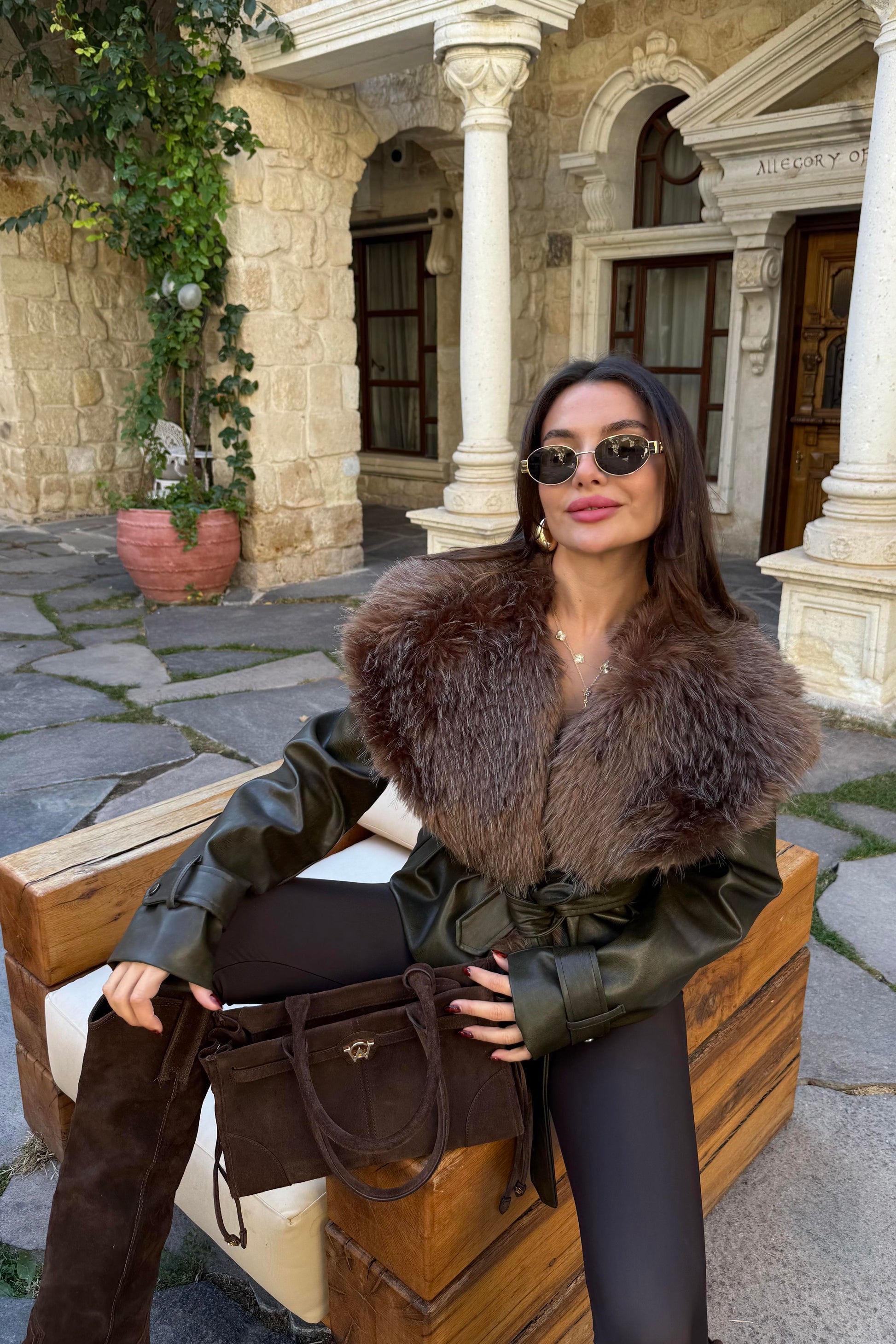 Belland Haki Premium Kürklü Deri Mont