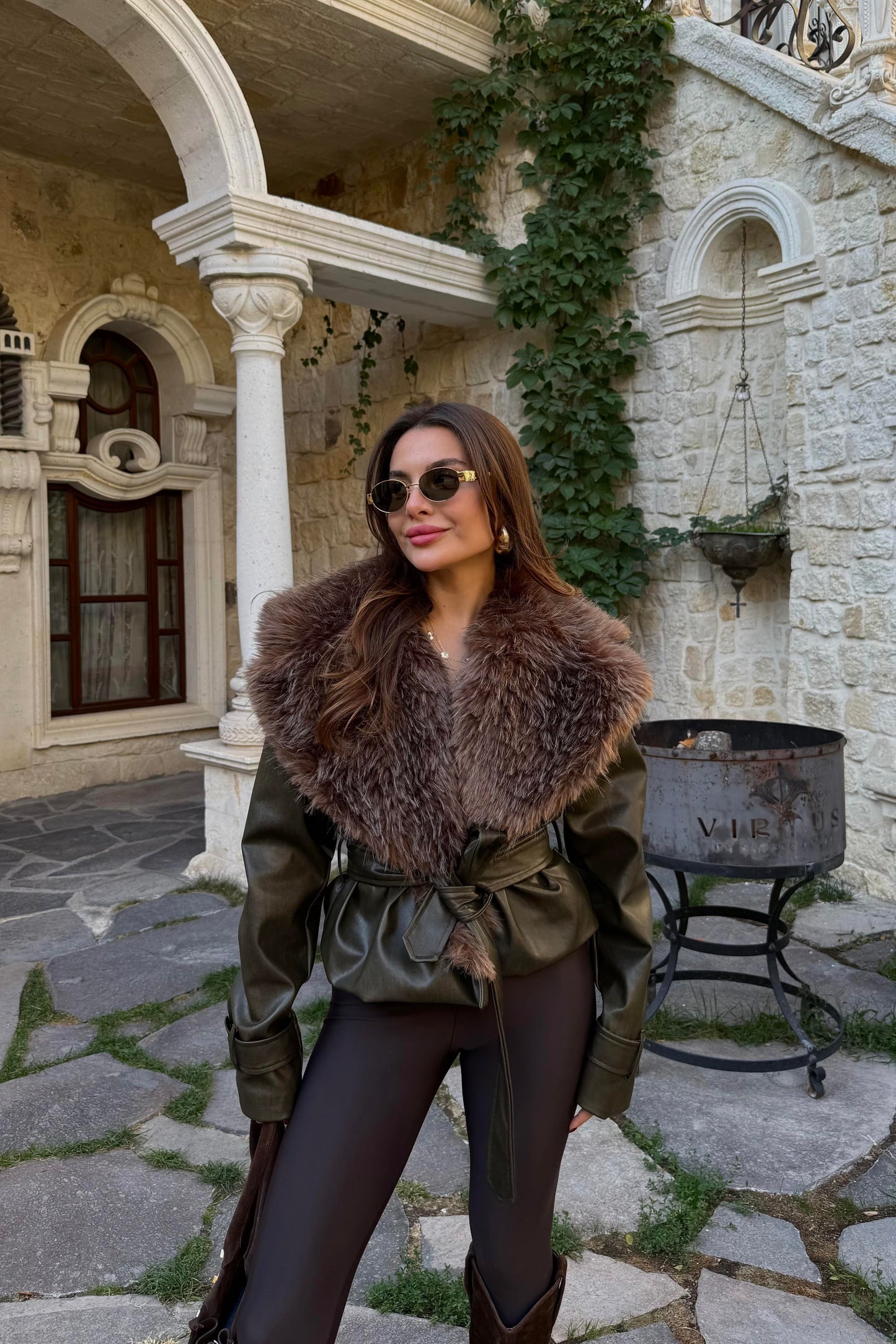 Belland Haki Premium Kürklü Deri Mont