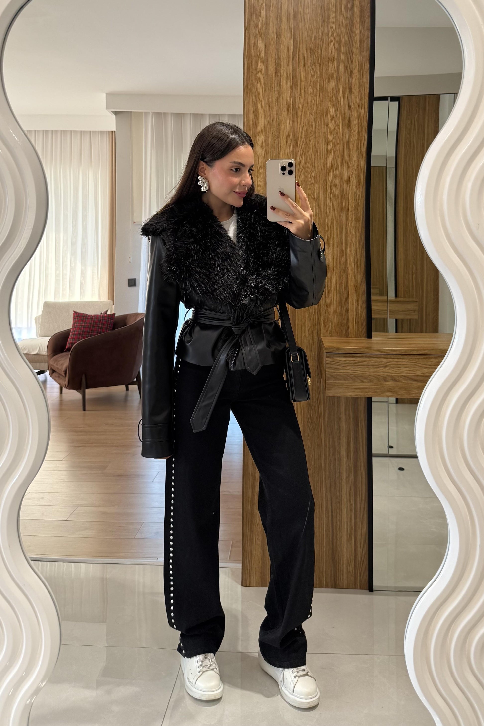 Belland Siyah Premium Kürklü Deri Mont