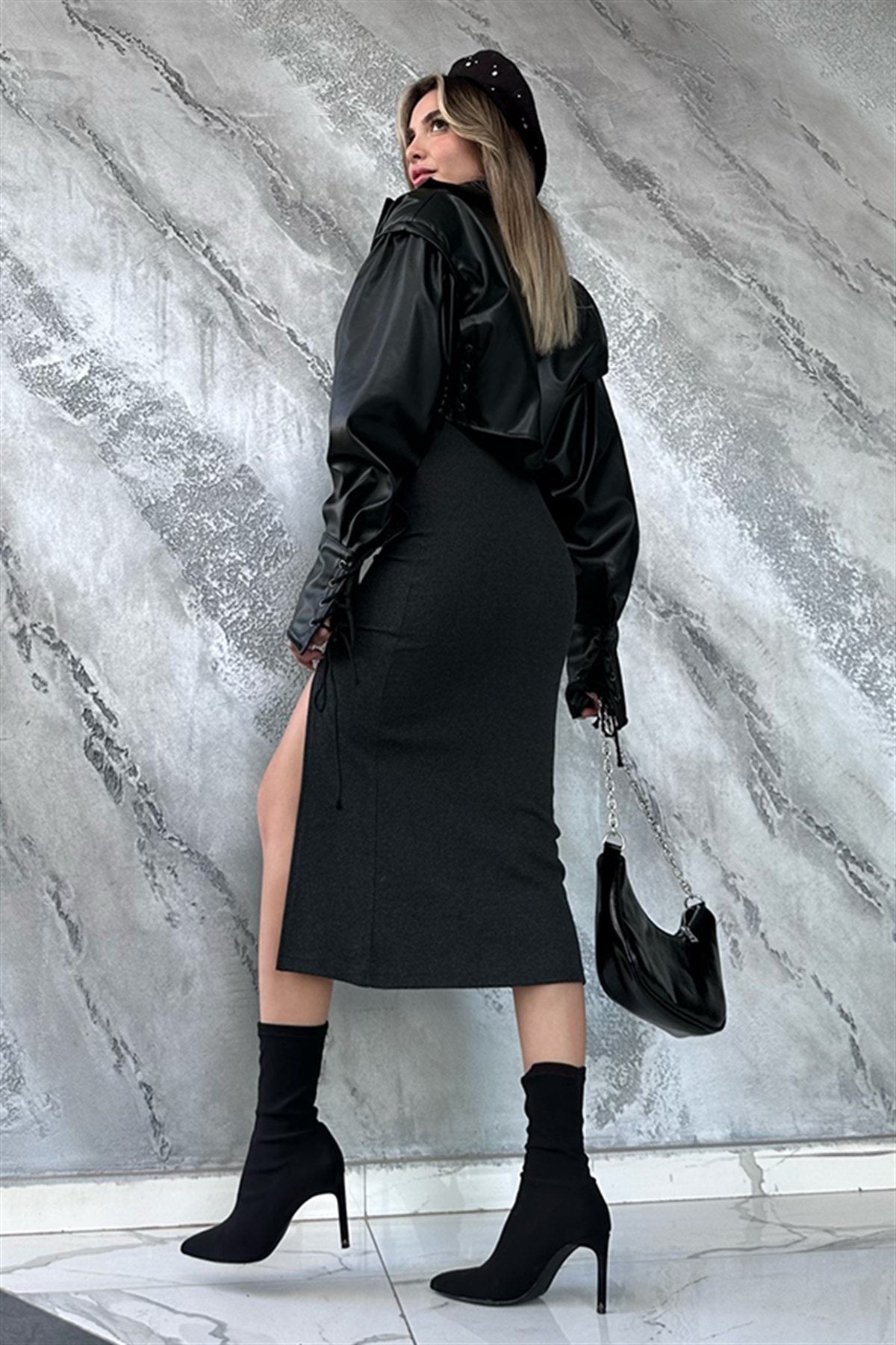 Bellas yırtmaçlı antrasit elbise