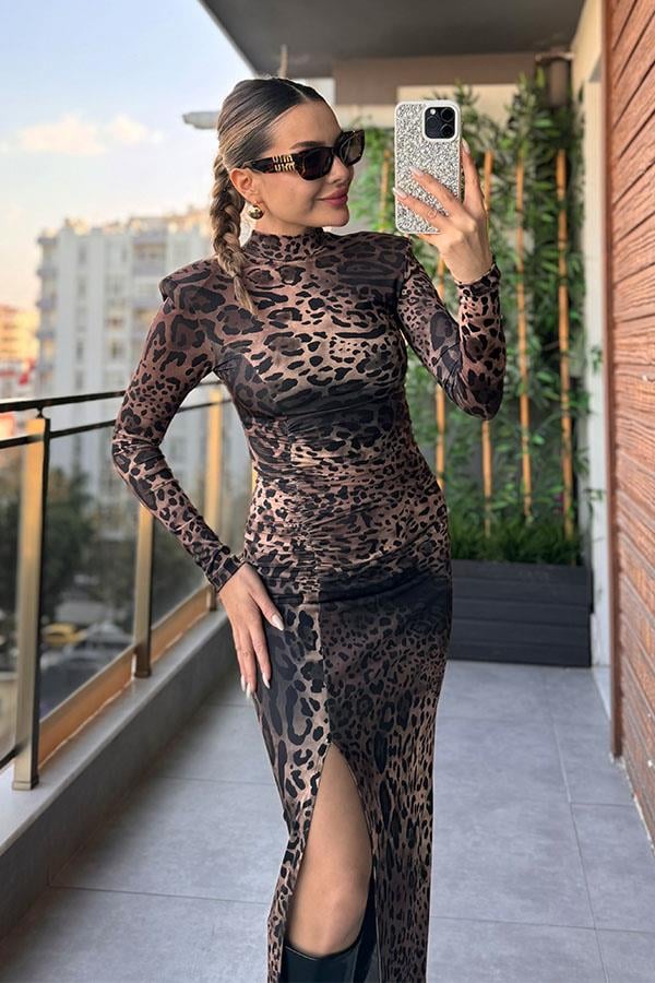 Belluchi Leopar Desen Yırtmaçlı Elbise