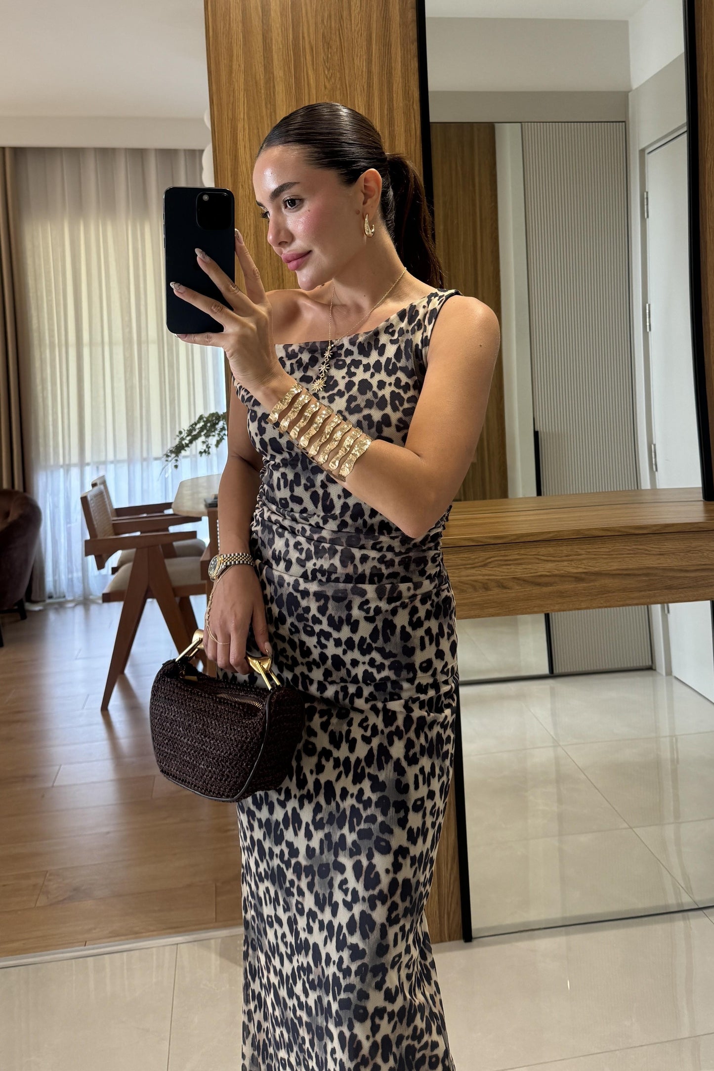 Berenice Tek Omuz Leopar Elbise