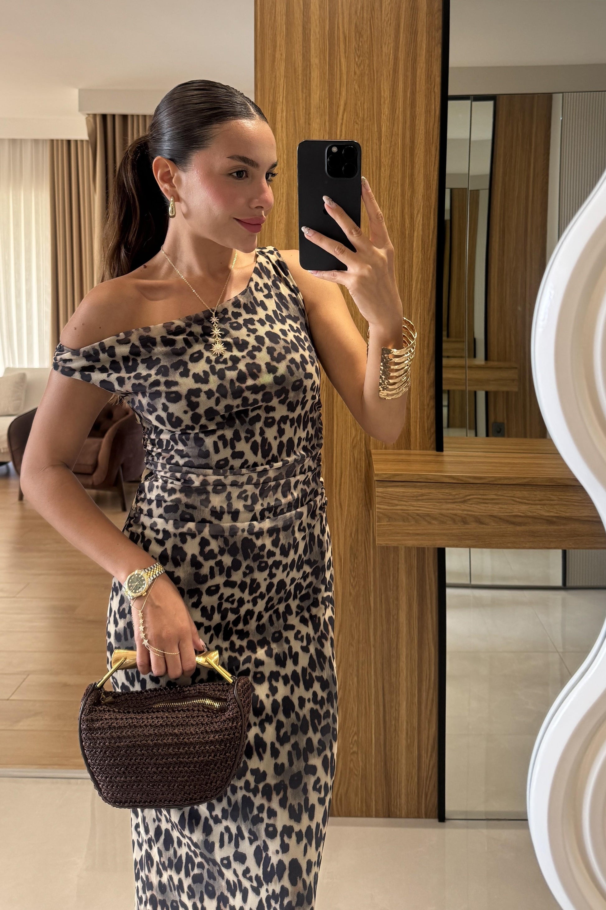 Berenice Tek Omuz Leopar Elbise