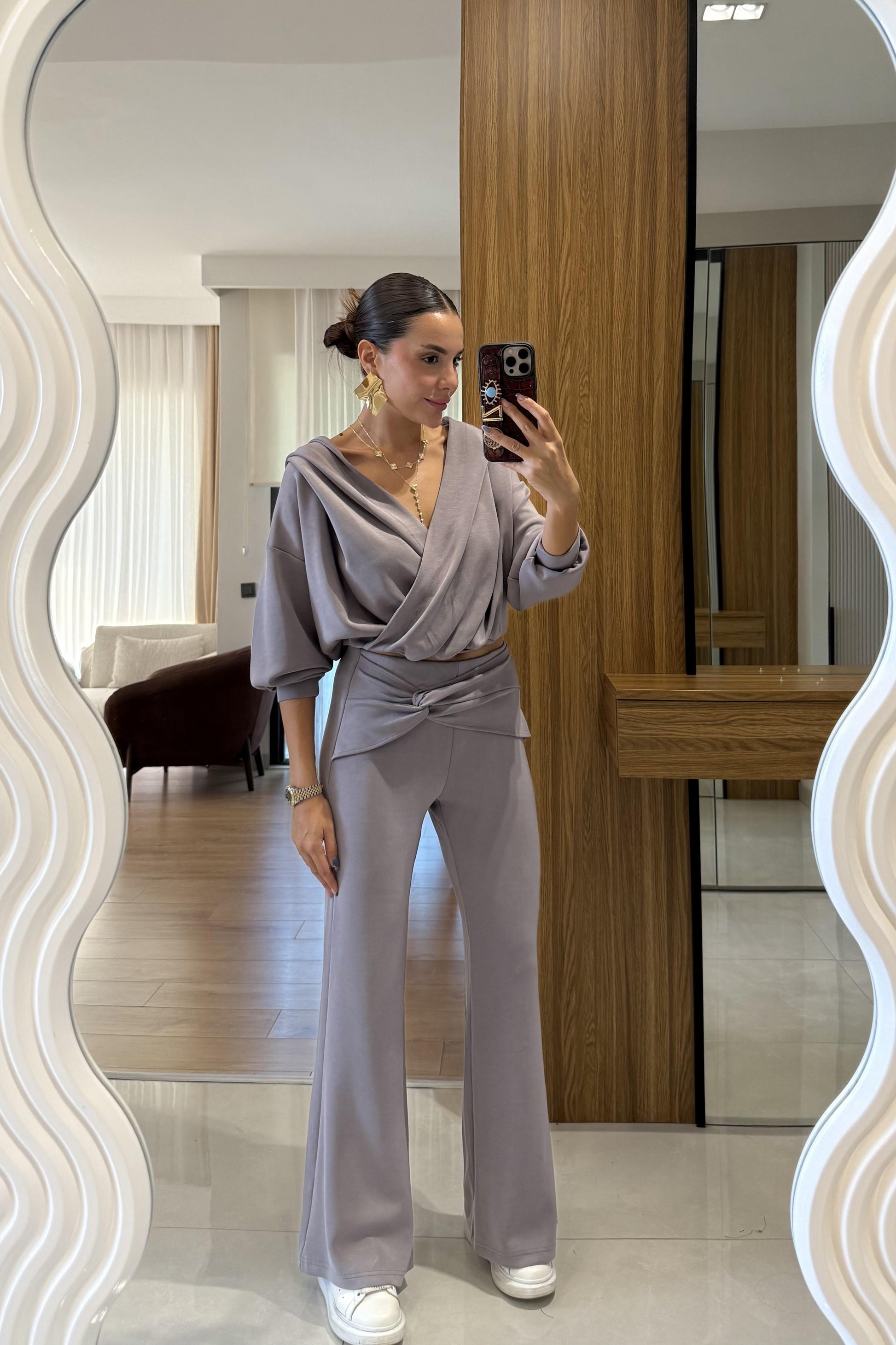 Berloco Gri Kruvaze Düğümlü Pantolon Takım