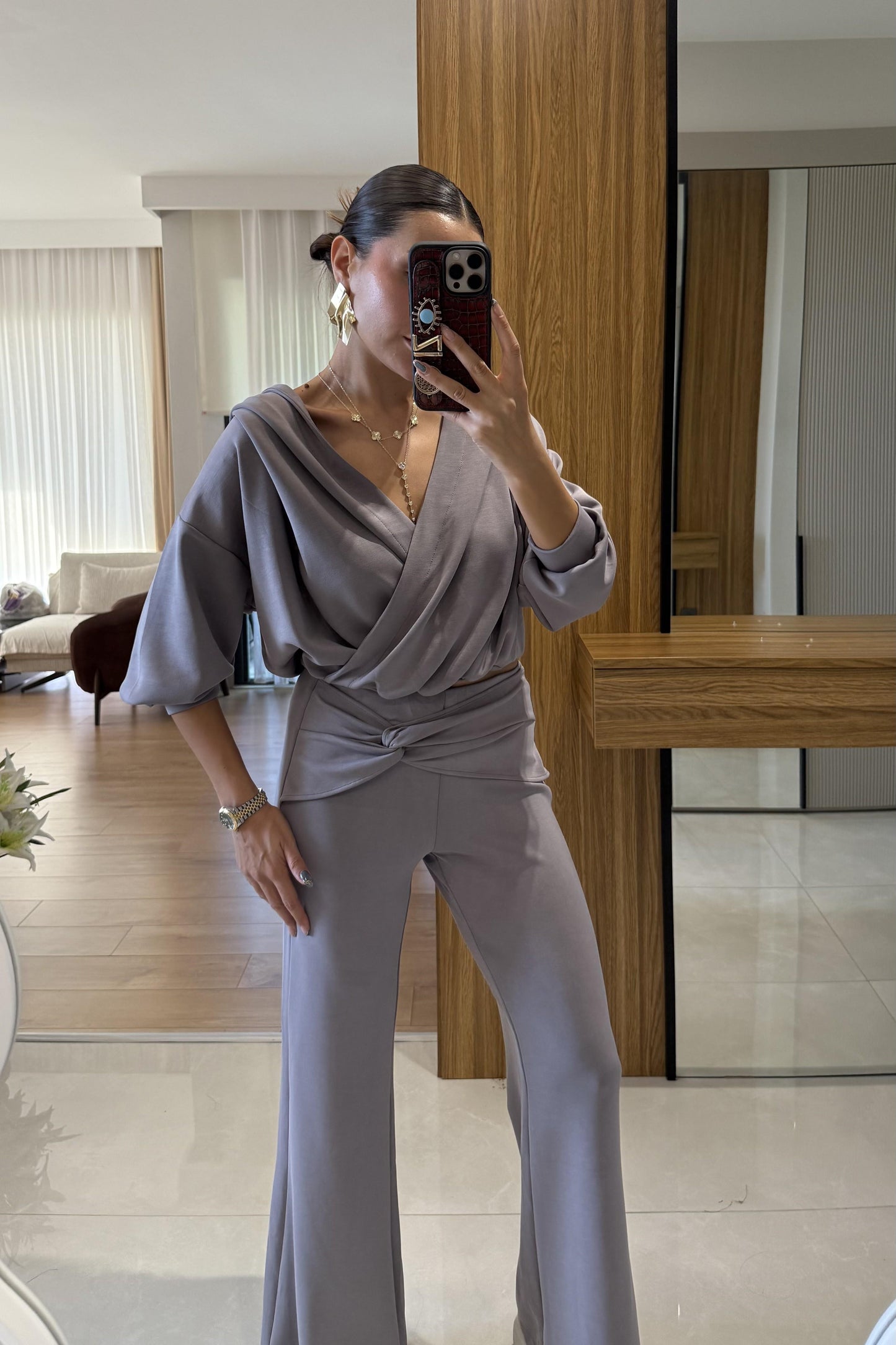 Berloco Gri Kruvaze Düğümlü Pantolon Takım