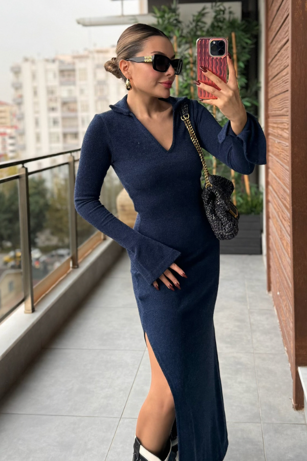 Berly V yaka Triko Elbise - Lacivert