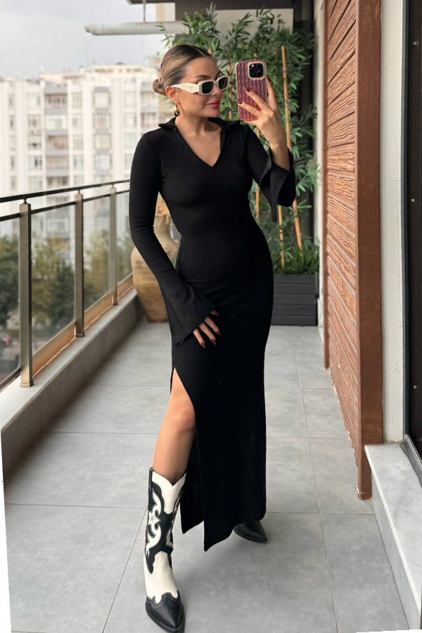 Berly V yaka Triko Elbise - Siyah