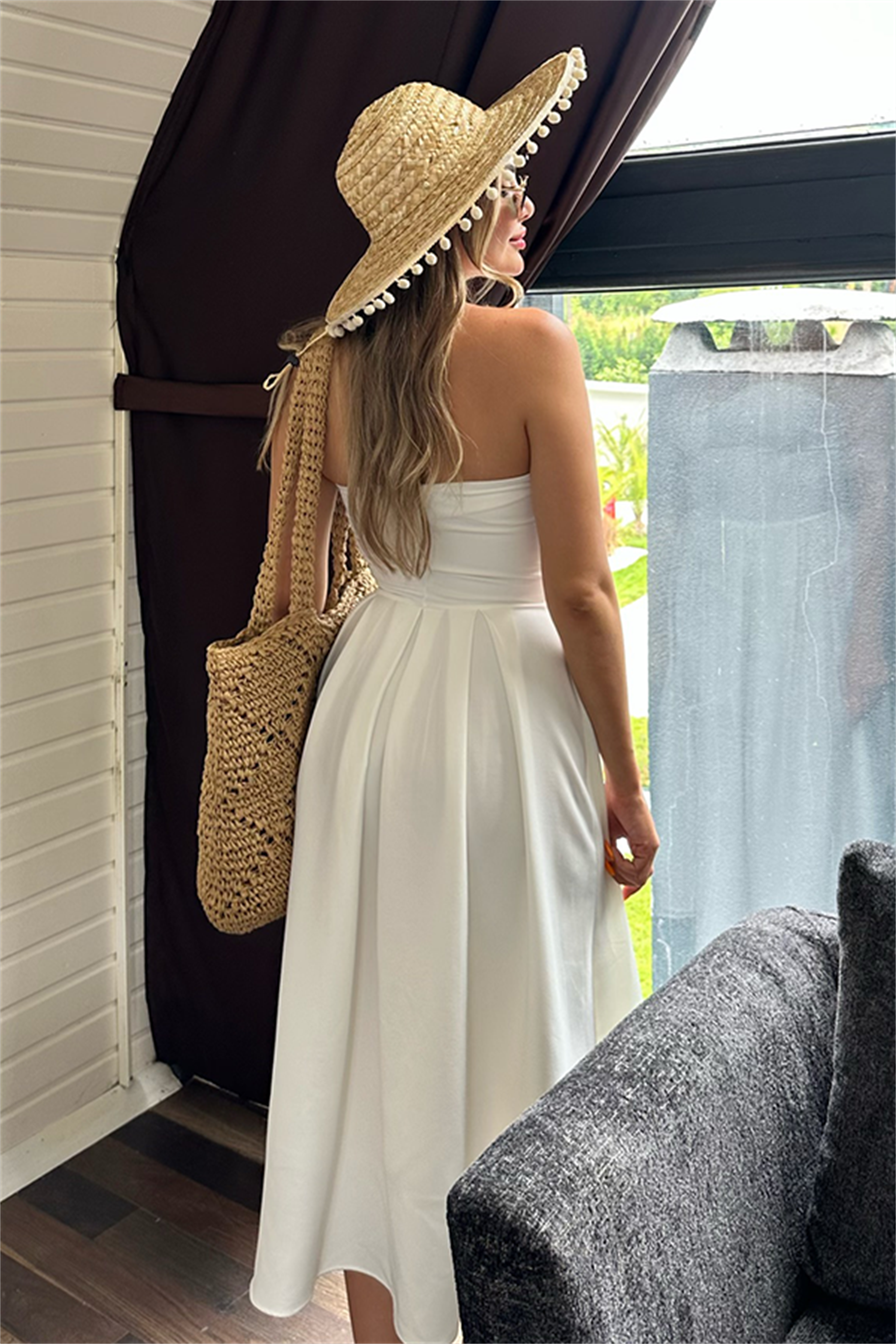 Berry straplez maxi beyaz elbise