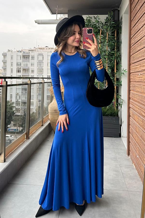 Besque Balıkçı Yaka Uzun Saks Elbise