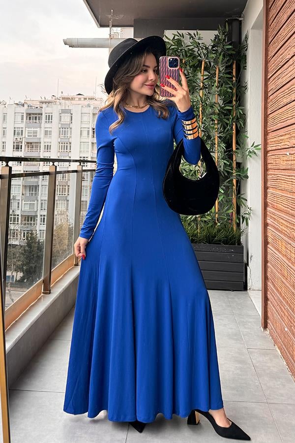 Besque Balıkçı Yaka Uzun Saks Elbise