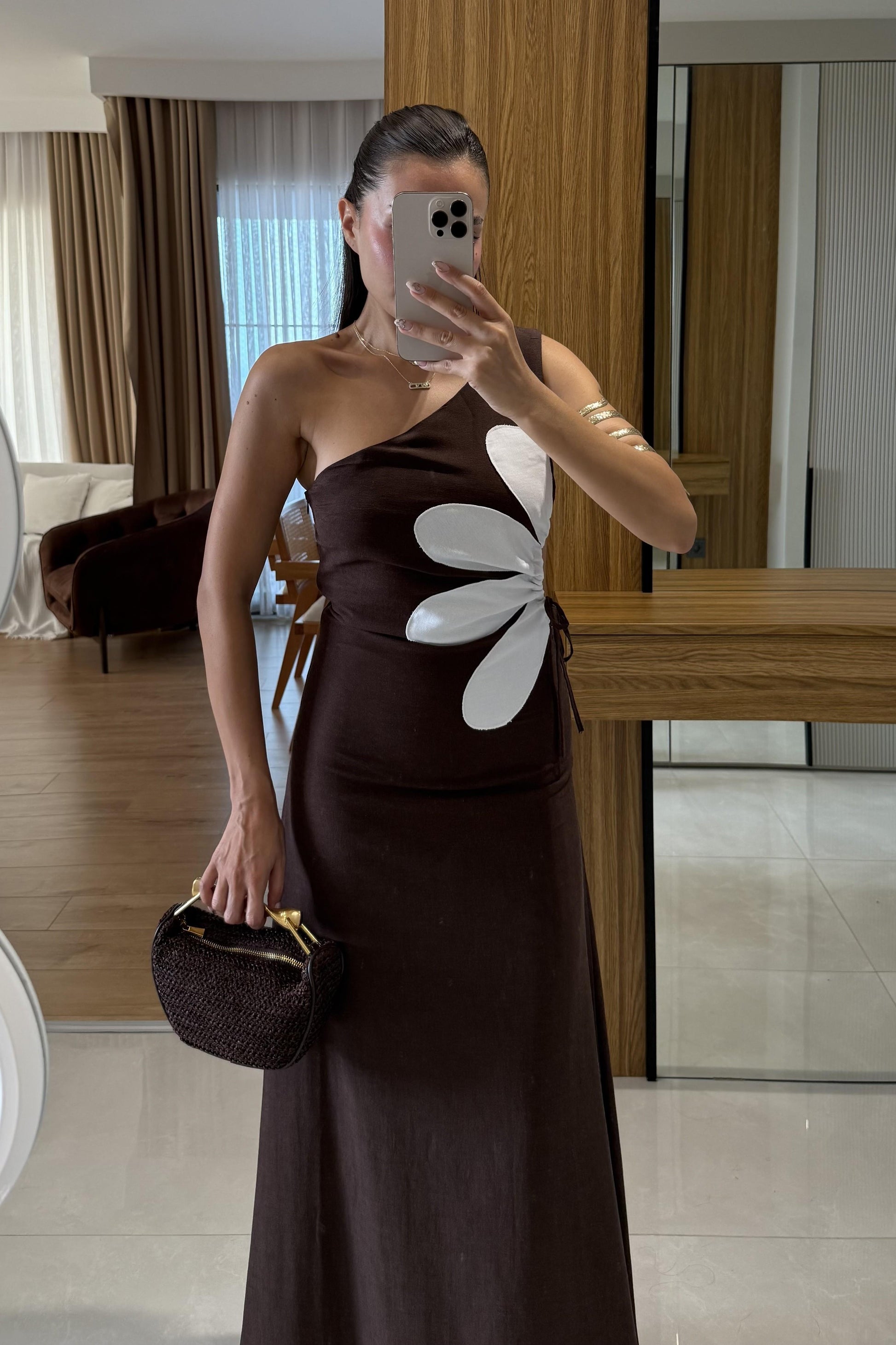 Better Kahve Keten Astarlı Çiçekli Elbise