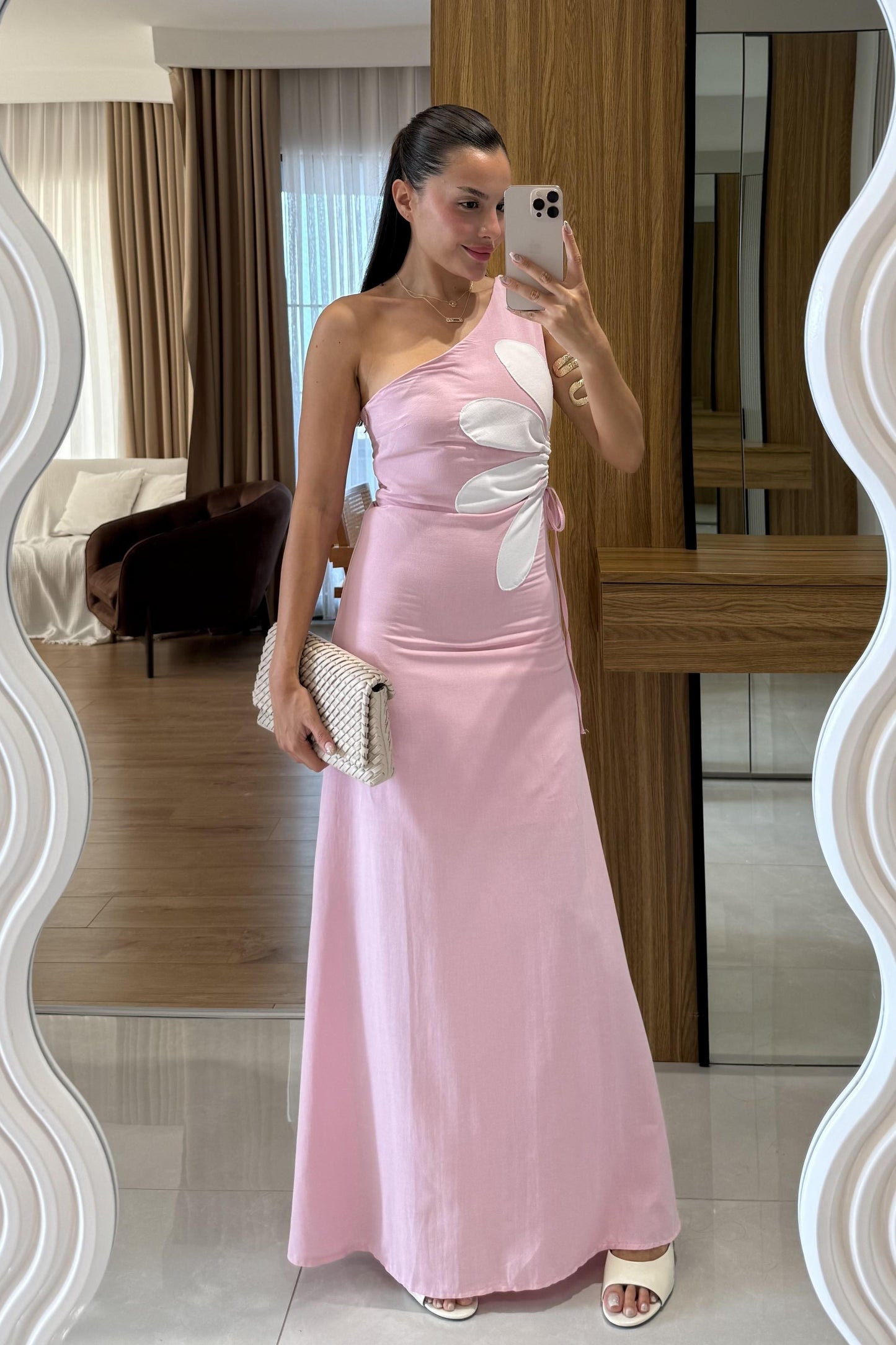 Better Pembe Keten Astarlı Çiçekli Elbise