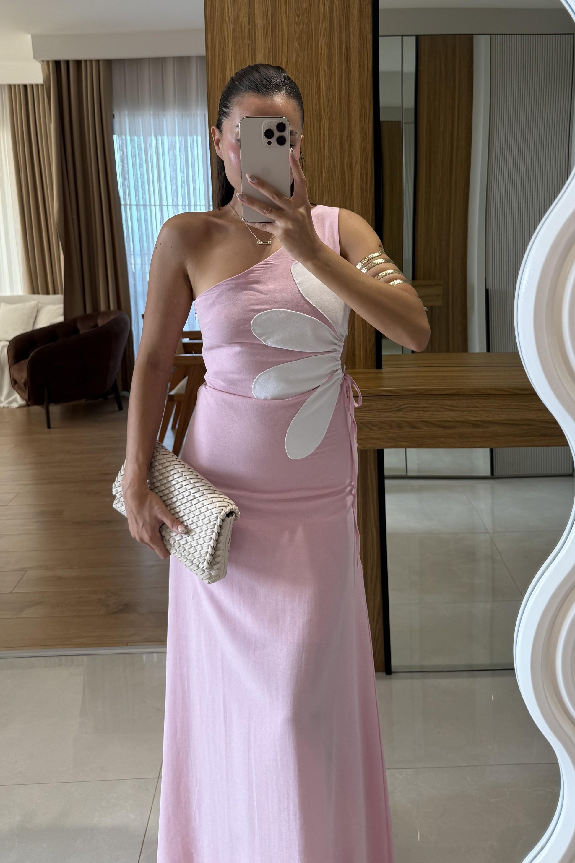 Better Pembe Keten Astarlı Çiçekli Elbise