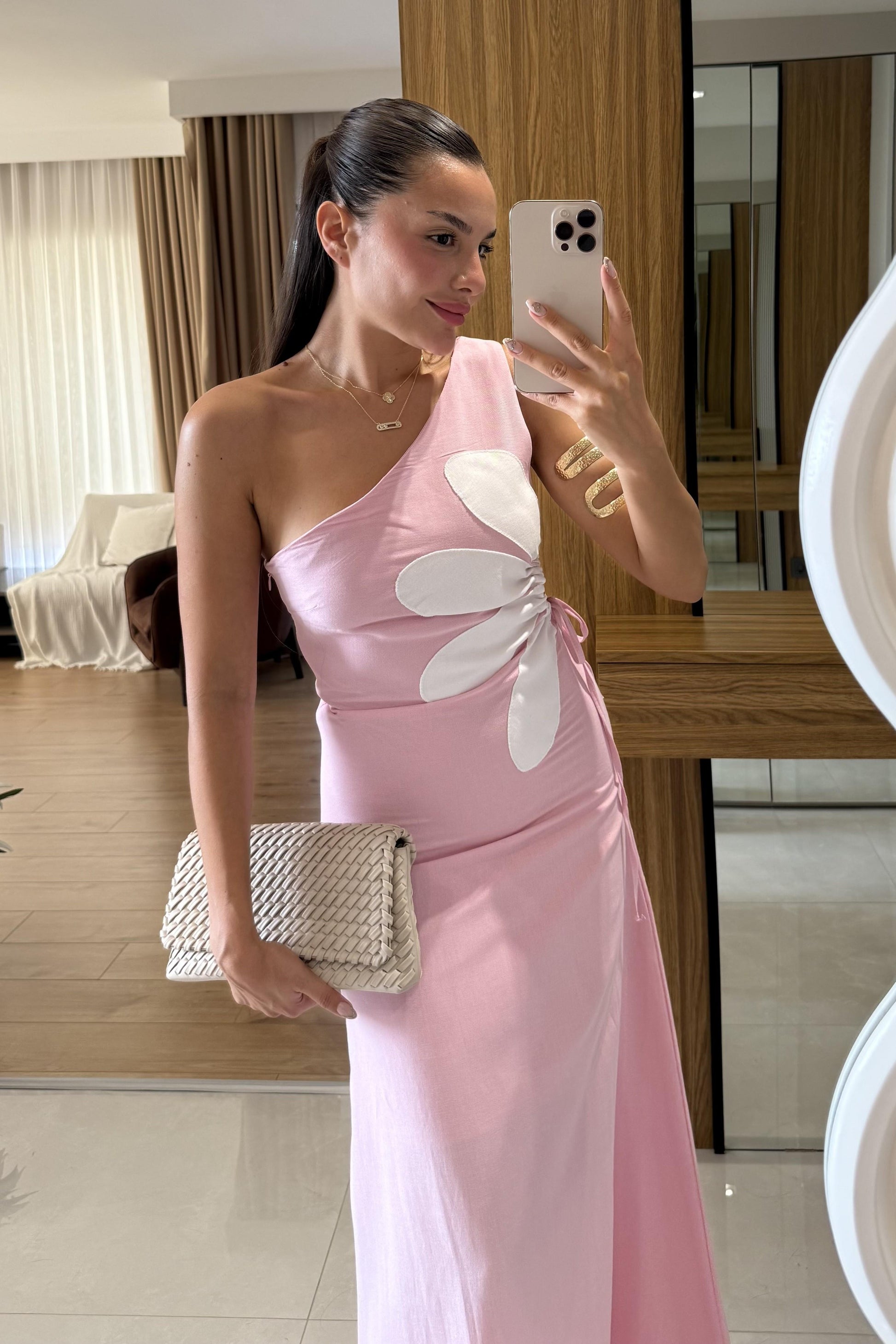 Better Pembe Keten Astarlı Çiçekli Elbise